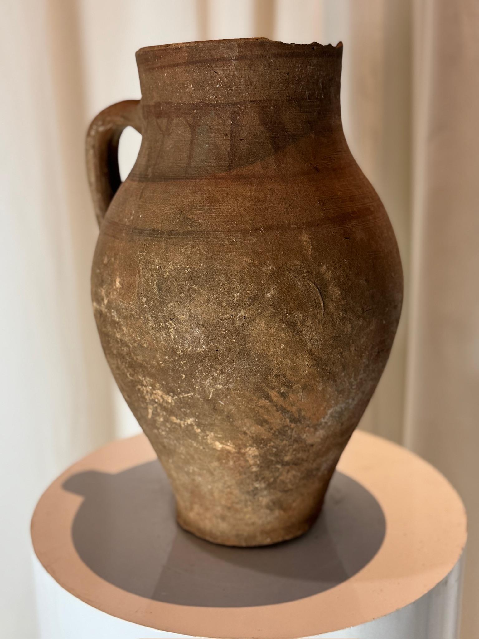 Primitive Antique Handcrafted Terracotta Water Jug – Rustic Earthenware Pot For Sale