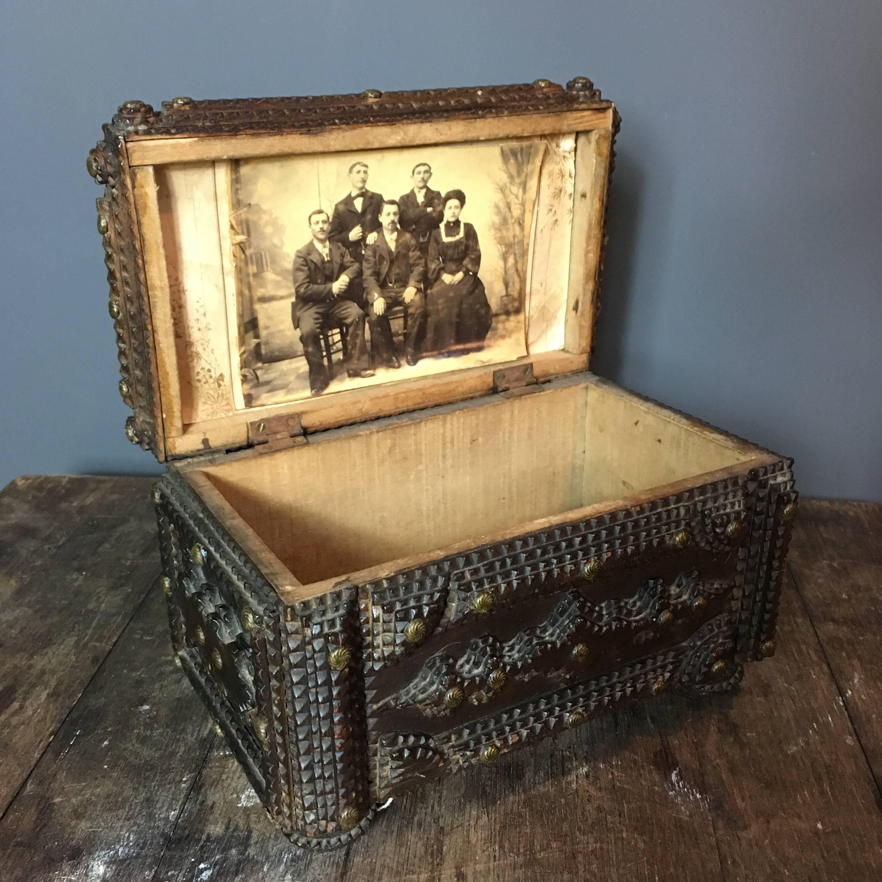 Folk Art Antique Handcrafted Tramp Art Wooden Box