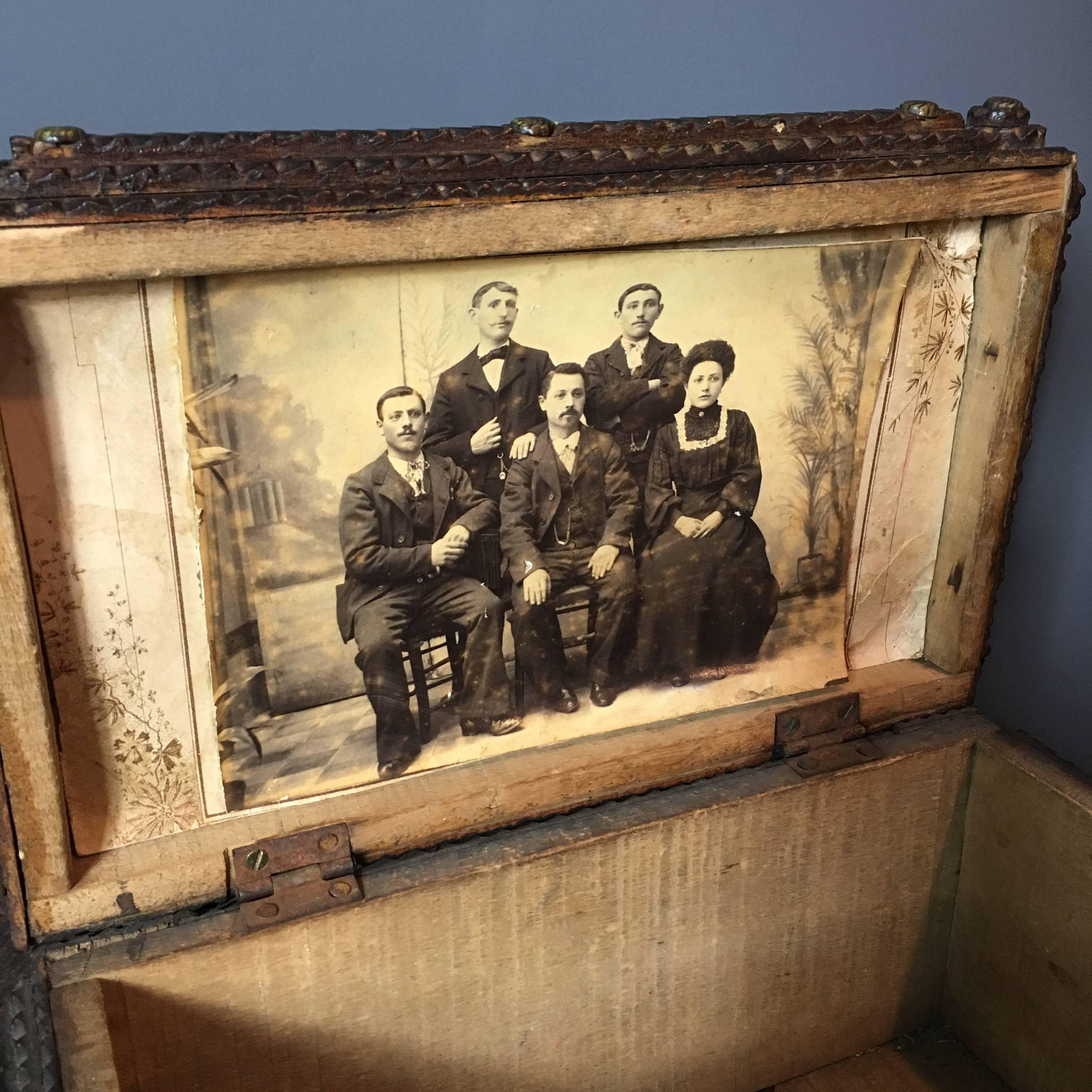 European Antique Handcrafted Tramp Art Wooden Box