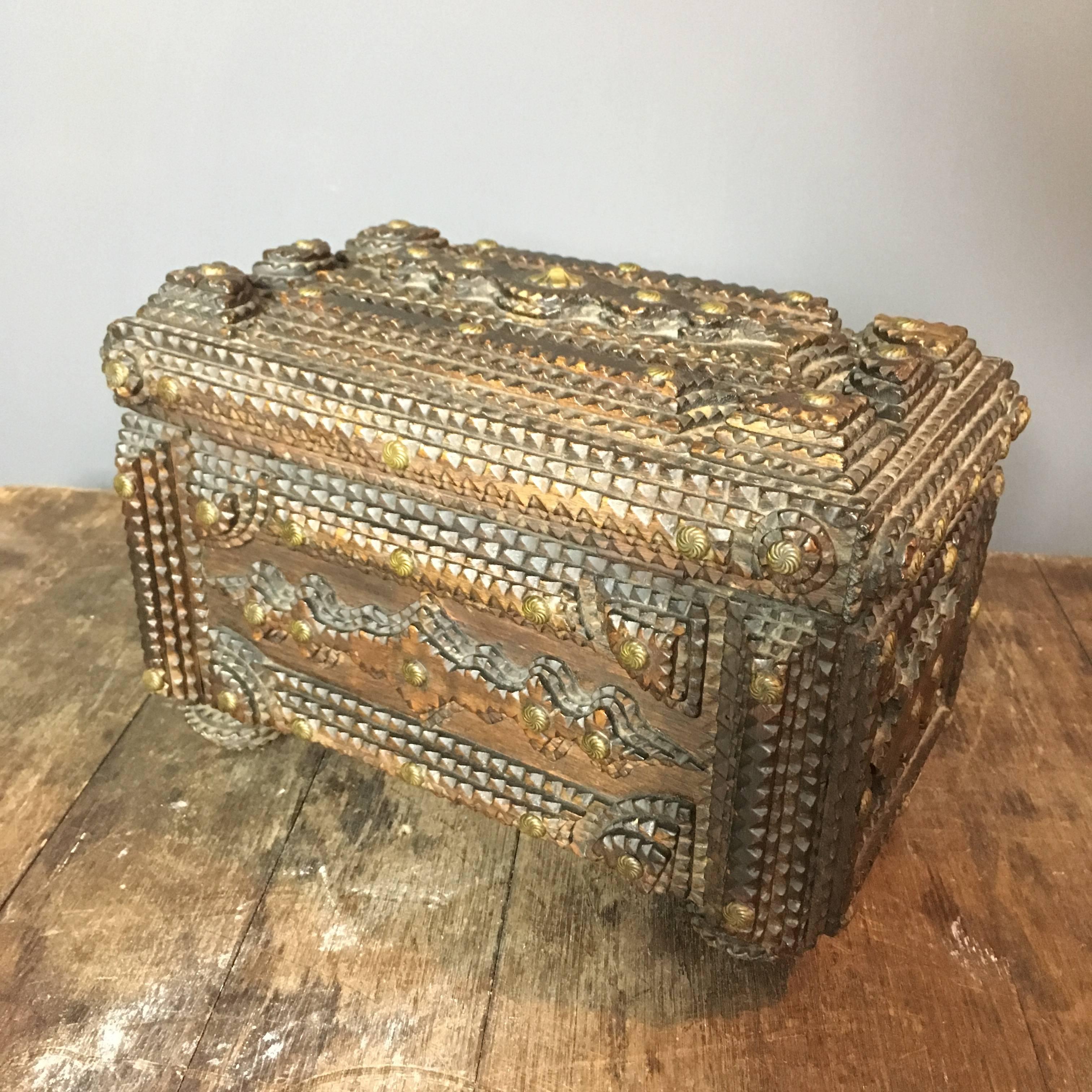 Hand-Carved Antique Handcrafted Tramp Art Wooden Box
