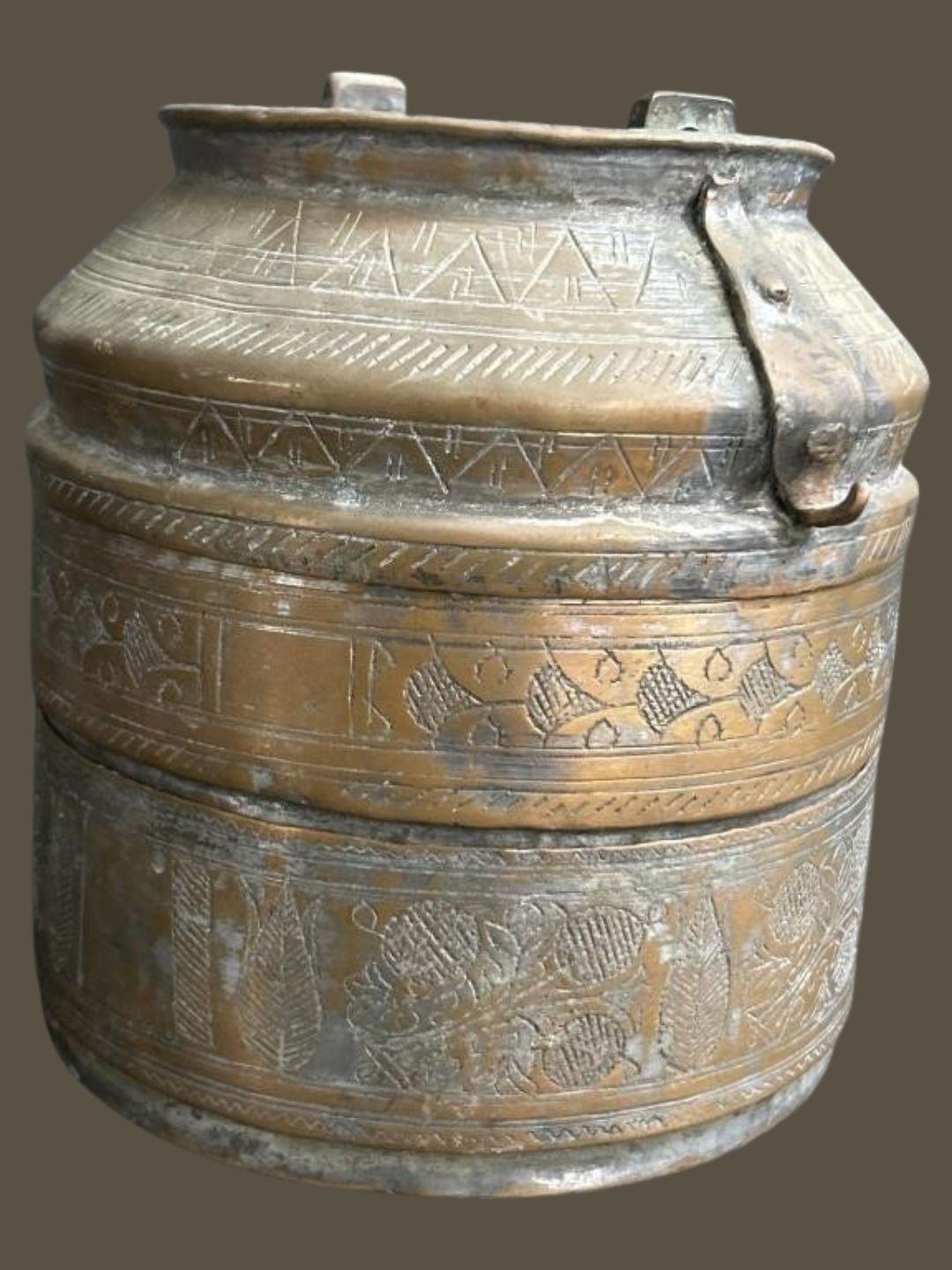 Metalwork Antique Handcrafted Turkish Copper Lunch Pail with Ornate Etchings For Sale