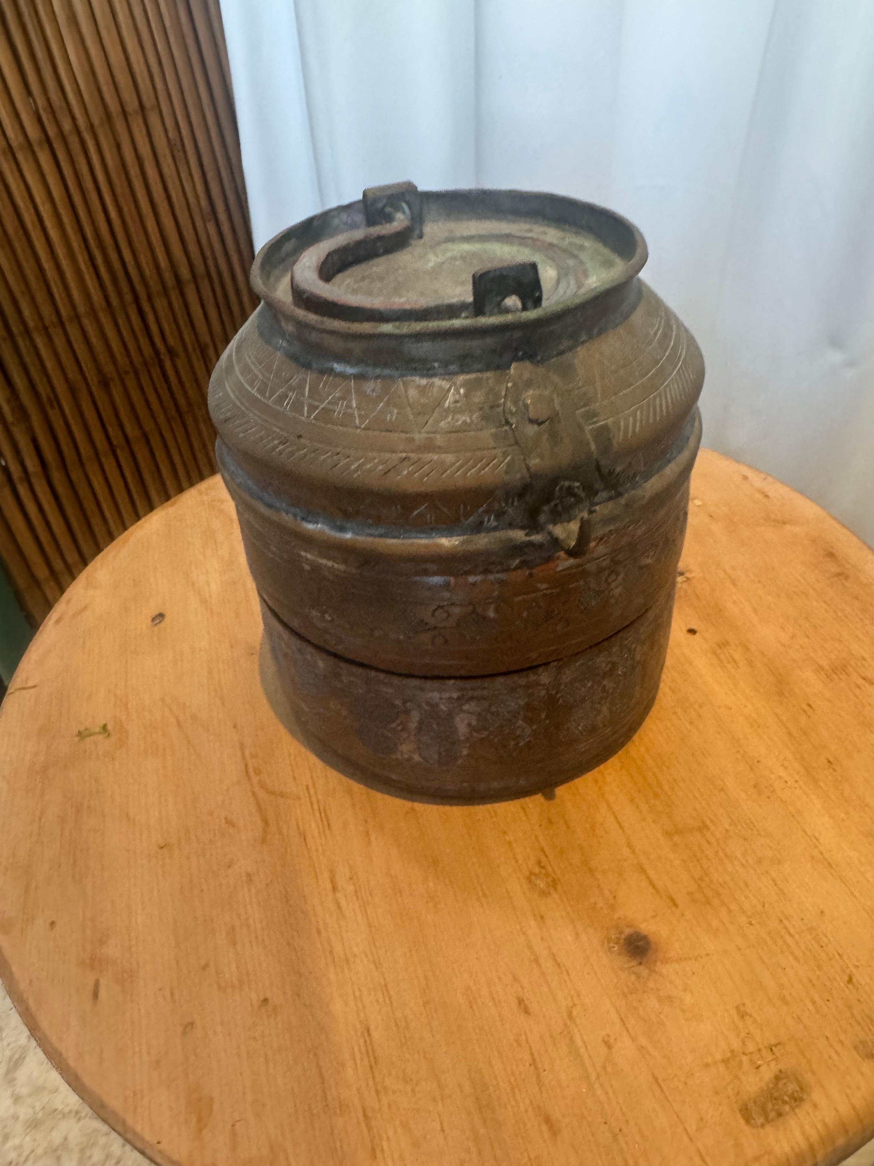 Antique Handcrafted Turkish Copper Lunch Pail with Ornate Etchings In Good Condition For Sale In West Hollywood, CA