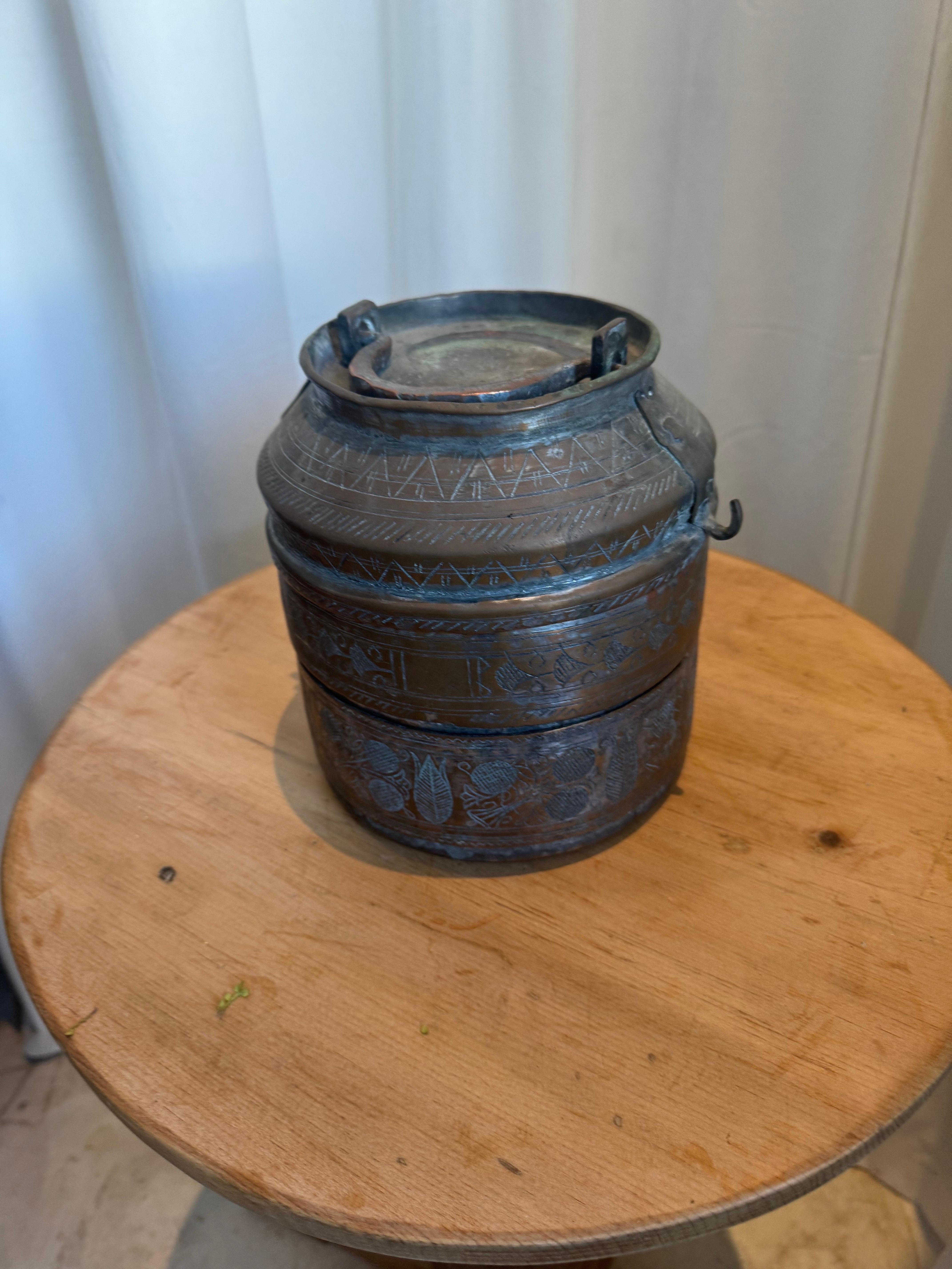 20th Century Antique Handcrafted Turkish Copper Lunch Pail with Ornate Etchings For Sale