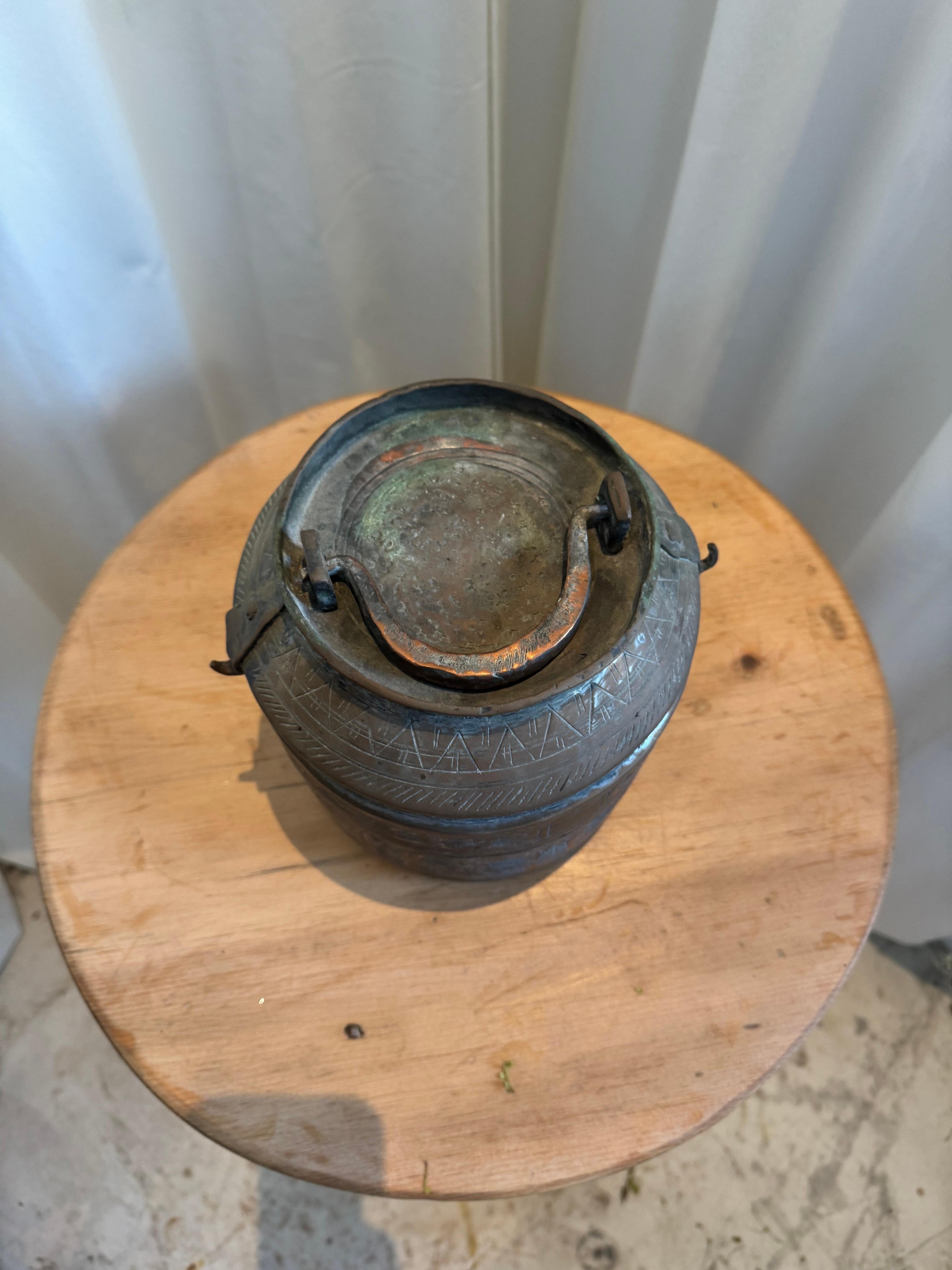 Antique Handcrafted Turkish Copper Lunch Pail with Ornate Etchings For Sale 1