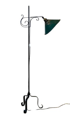 Antique Handcrafted Wrought Iron Floor Lamp with Metal Shade, circa 1910