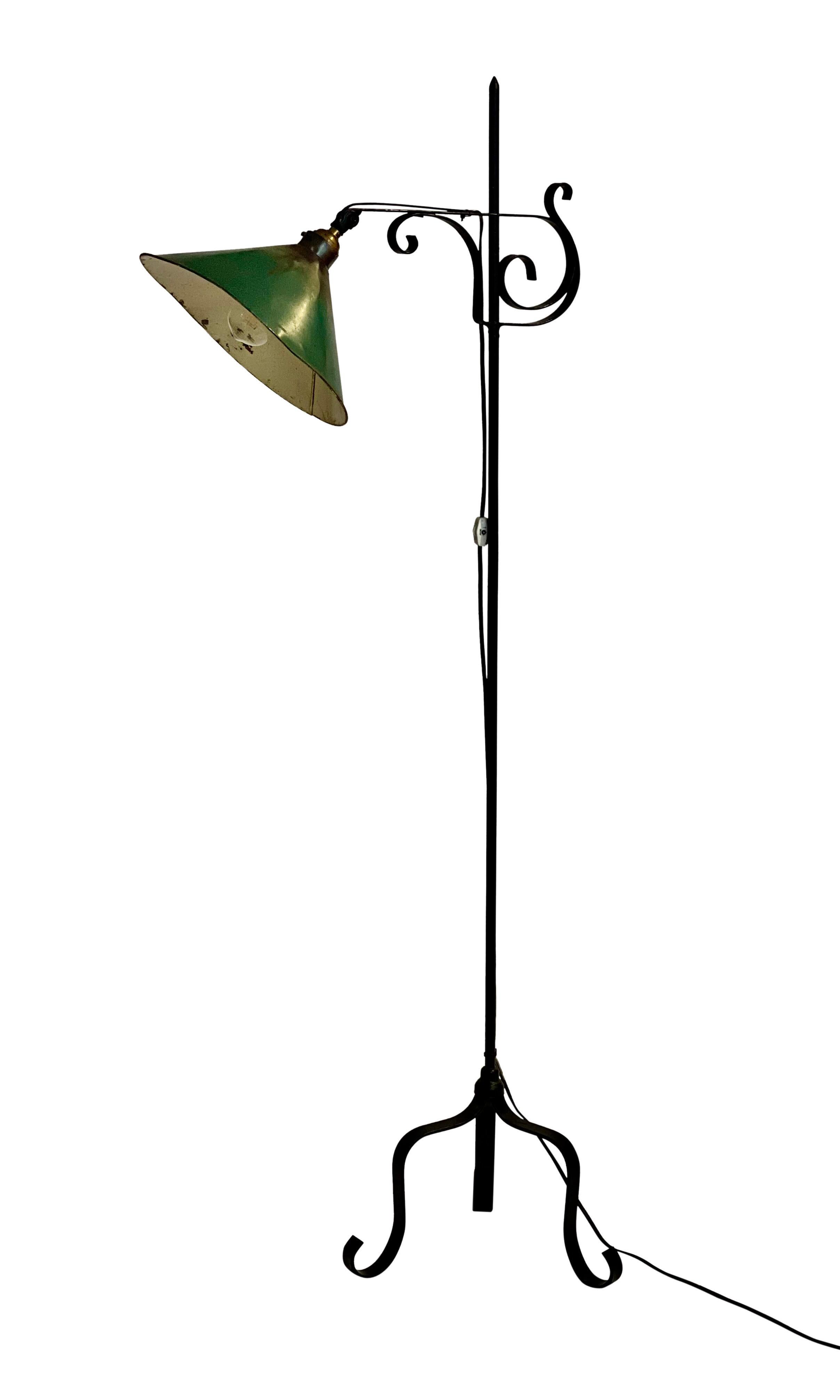 Arts and Crafts Antique Handcrafted Wrought Iron Floor Lamp with Metal Shade, circa 1910 For Sale