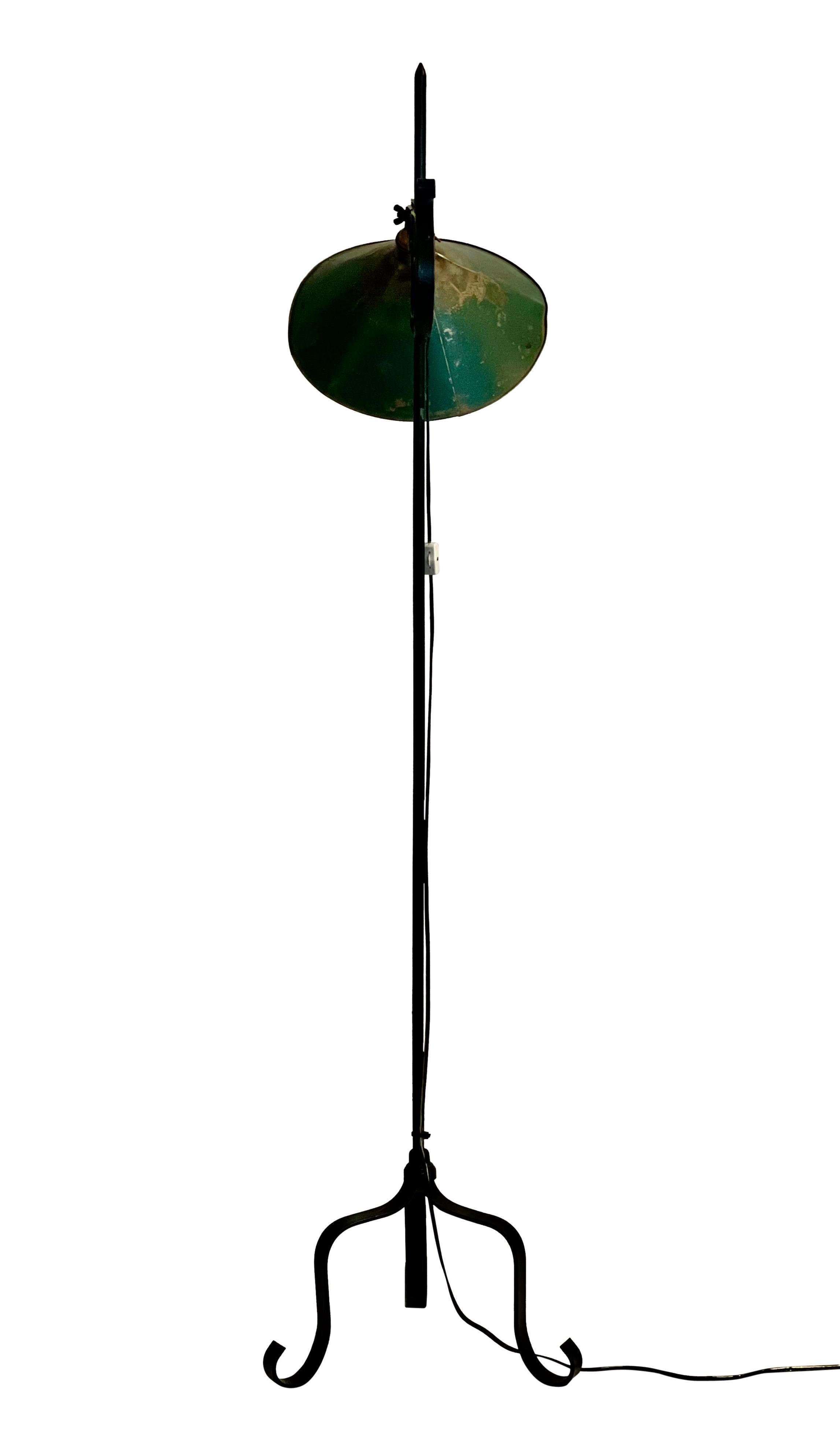 North American Antique Handcrafted Wrought Iron Floor Lamp with Metal Shade, circa 1910 For Sale