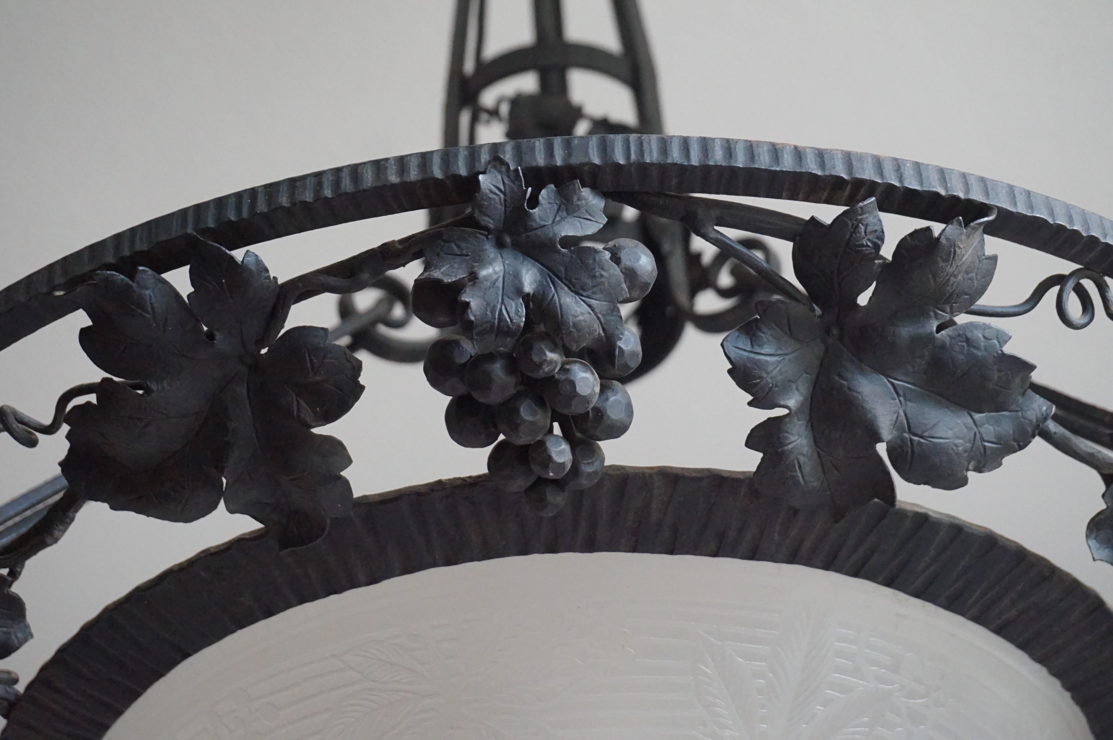 French Arts and Crafts Wrought Iron & Glass Wine Theme Chandelier w. Grapes & Leafs For Sale