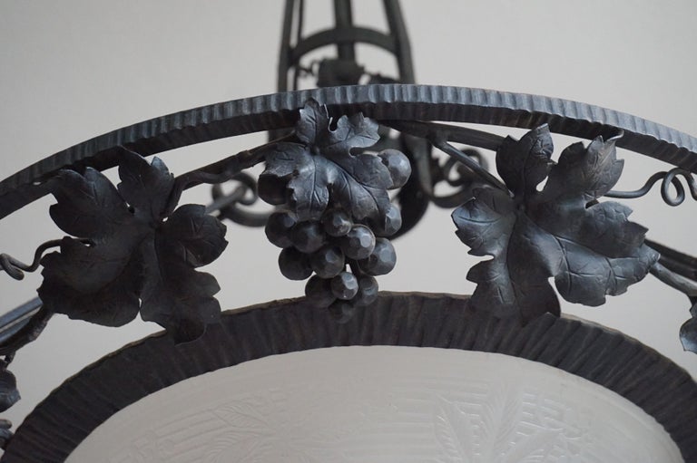 Hand-Crafted Arts and Crafts Wrought Iron & Glass Wine Theme Chandelier w. Grapes & Leafs For Sale