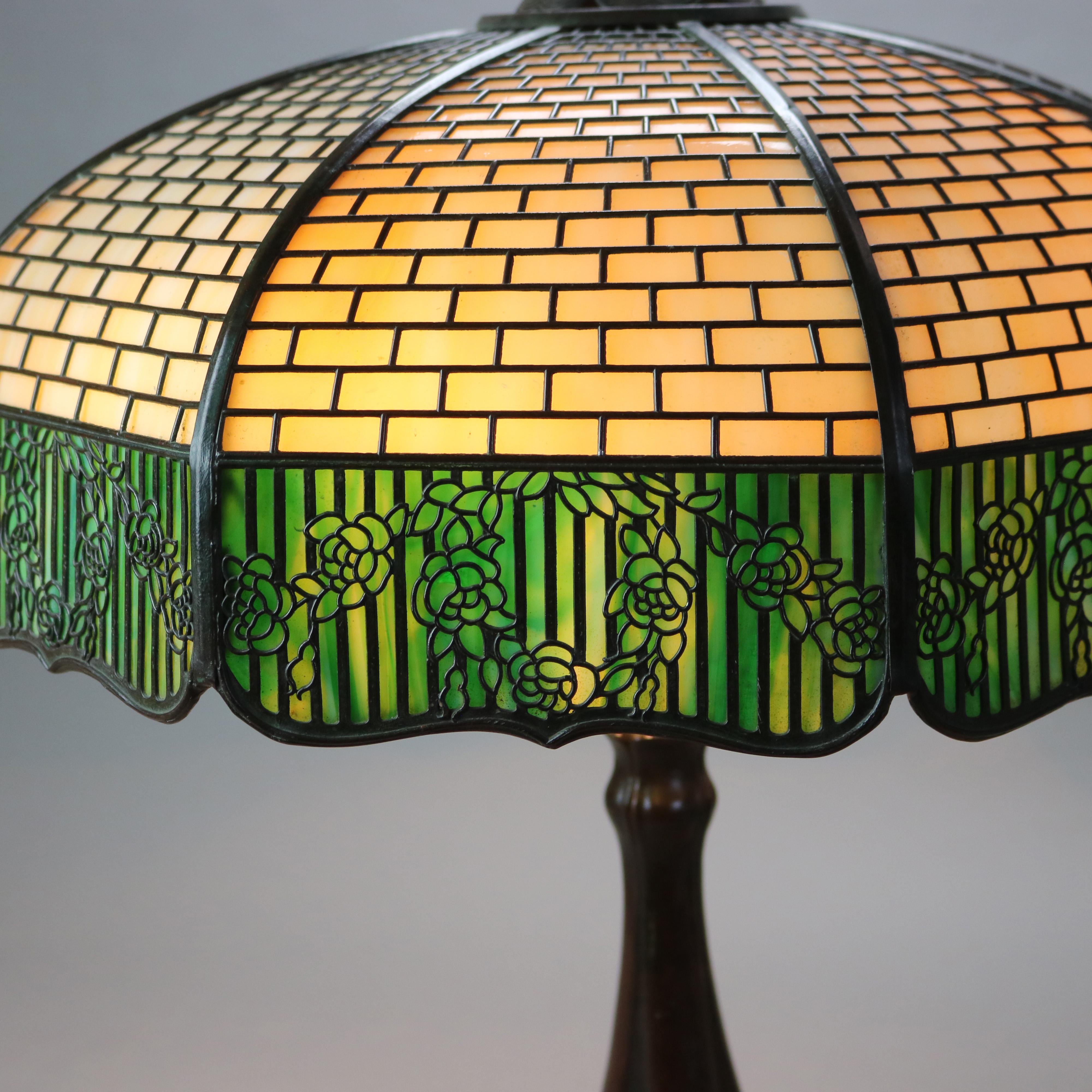 Antique Handel Arts & Crafts Bronze Overlay Two-Tone Floral Lamp C1920 5