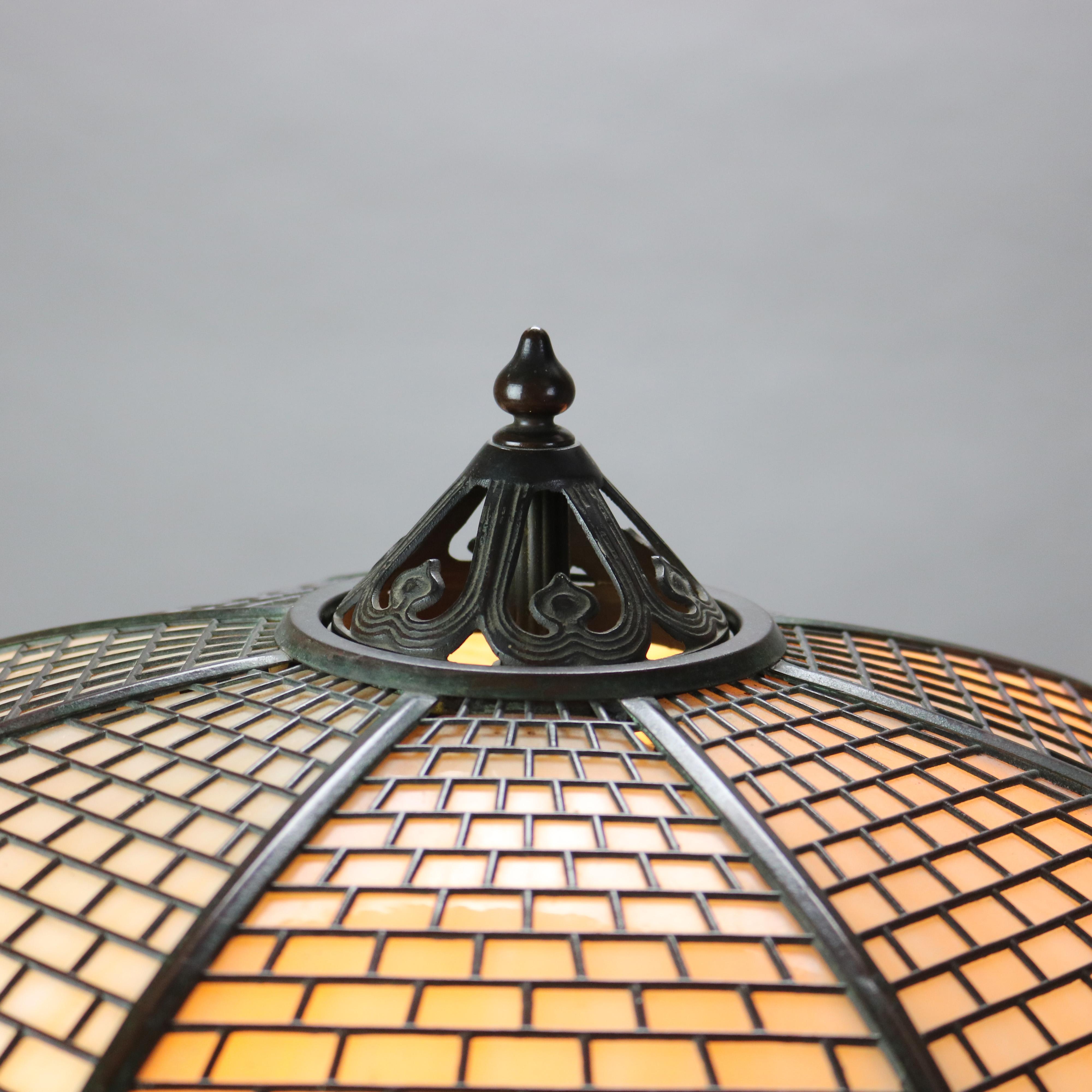Antique Handel Arts & Crafts Bronze Overlay Two-Tone Floral Lamp C1920 6