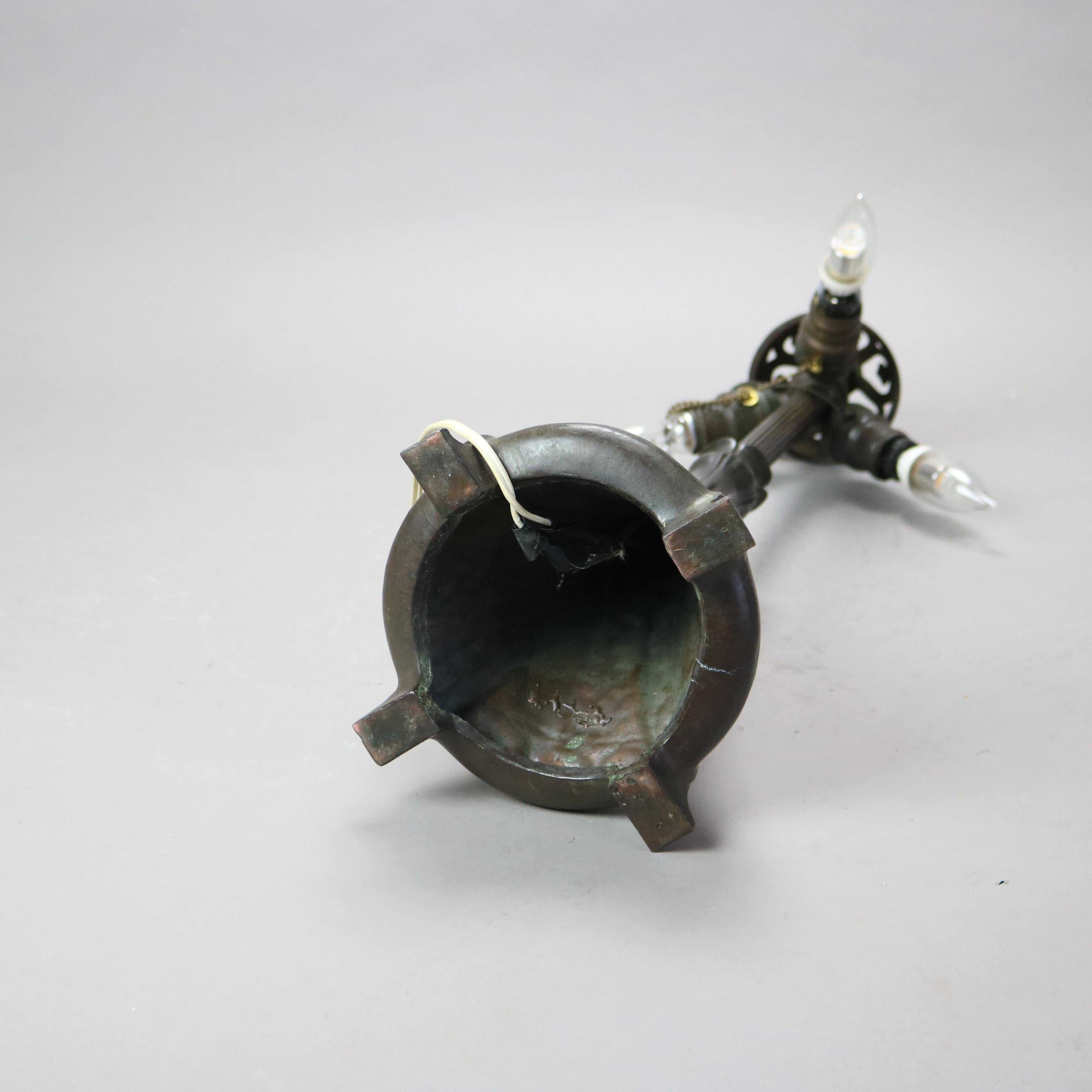Antique Handel Arts & Crafts Bronze Overlay Two-Tone Floral Lamp C1920 8