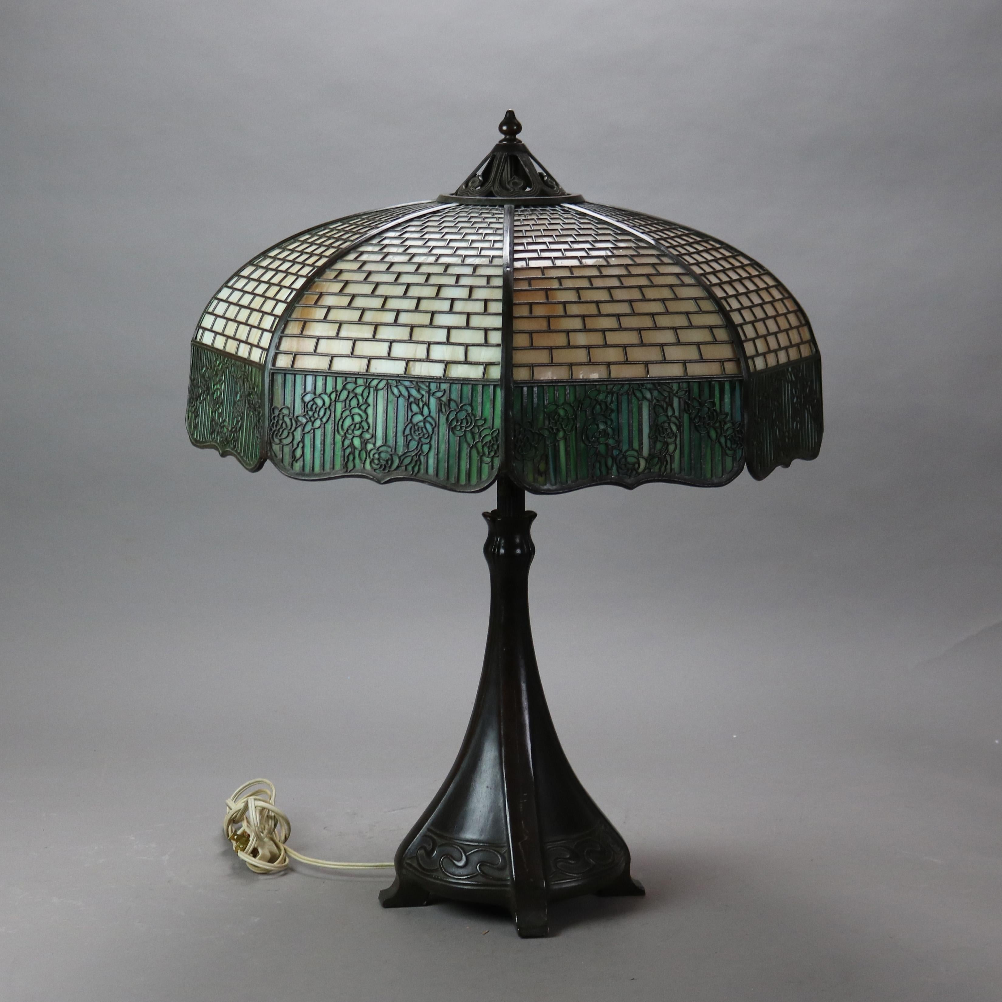 Antique Handel Arts & Crafts Bronze Overlay Two-Tone Floral Lamp with Rose Elements C1920

Measures - 23 3/4