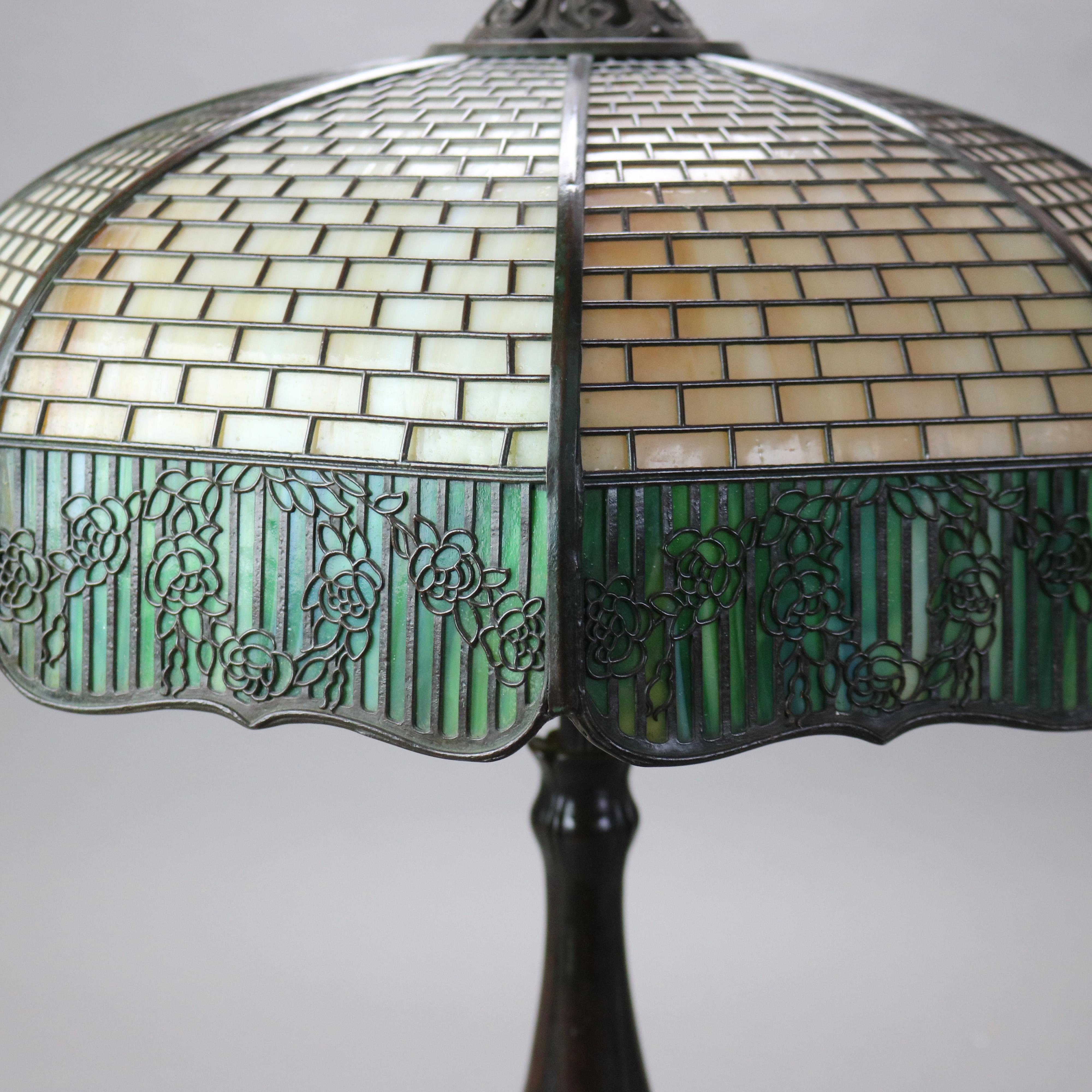 Arts and Crafts Antique Handel Arts & Crafts Bronze Overlay Two-Tone Floral Lamp C1920