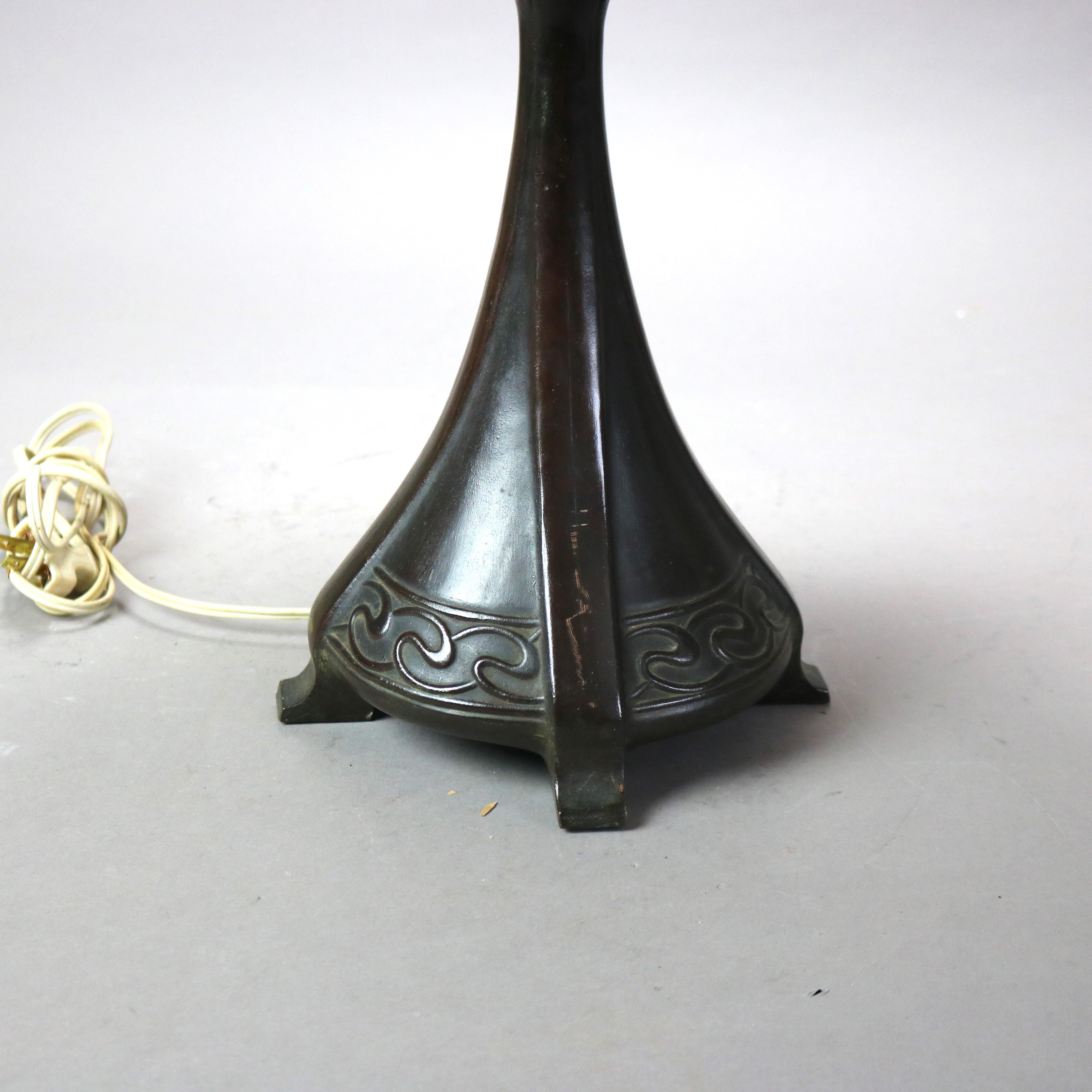 American Antique Handel Arts & Crafts Bronze Overlay Two-Tone Floral Lamp C1920