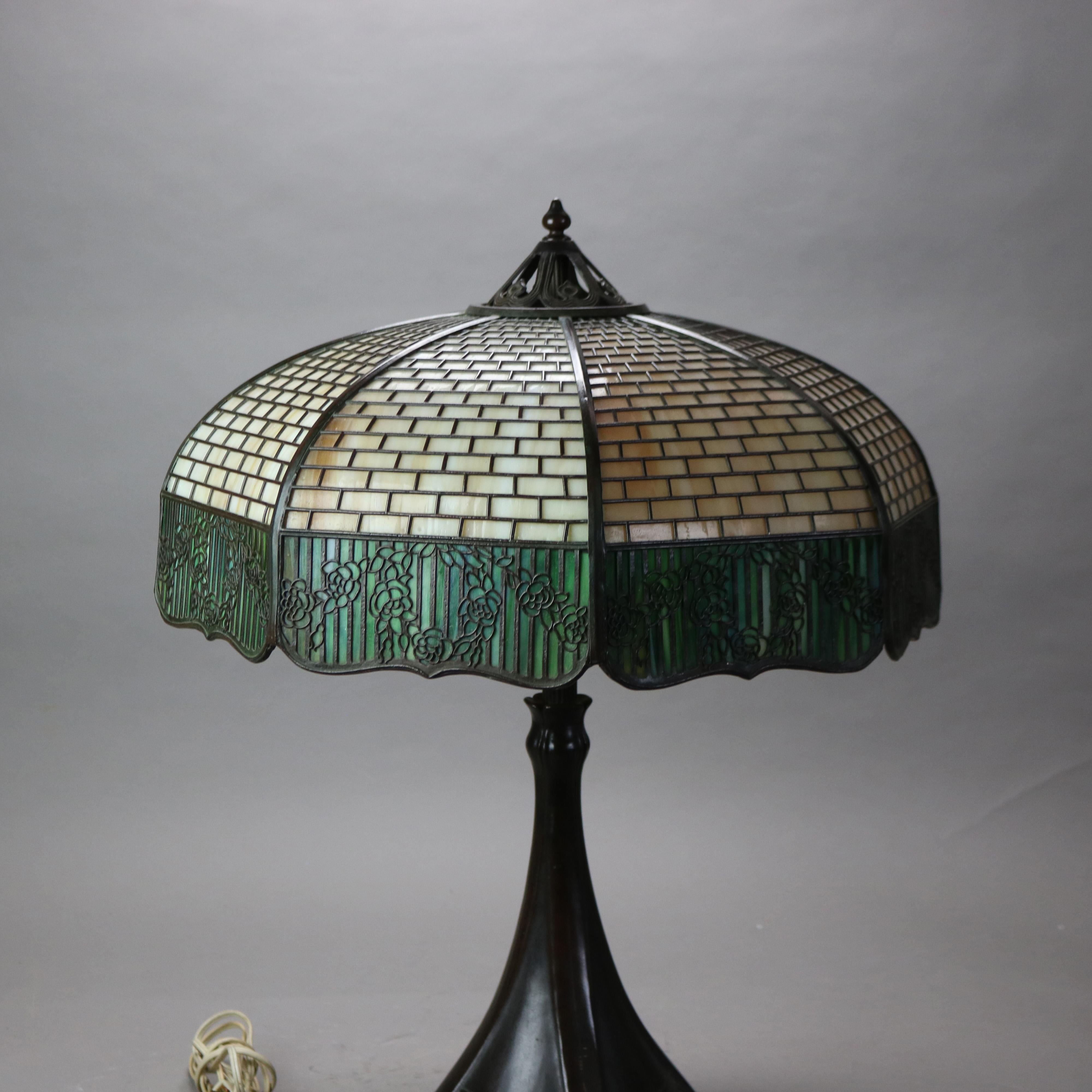 Antique Handel Arts & Crafts Bronze Overlay Two-Tone Floral Lamp C1920 In Good Condition In Big Flats, NY