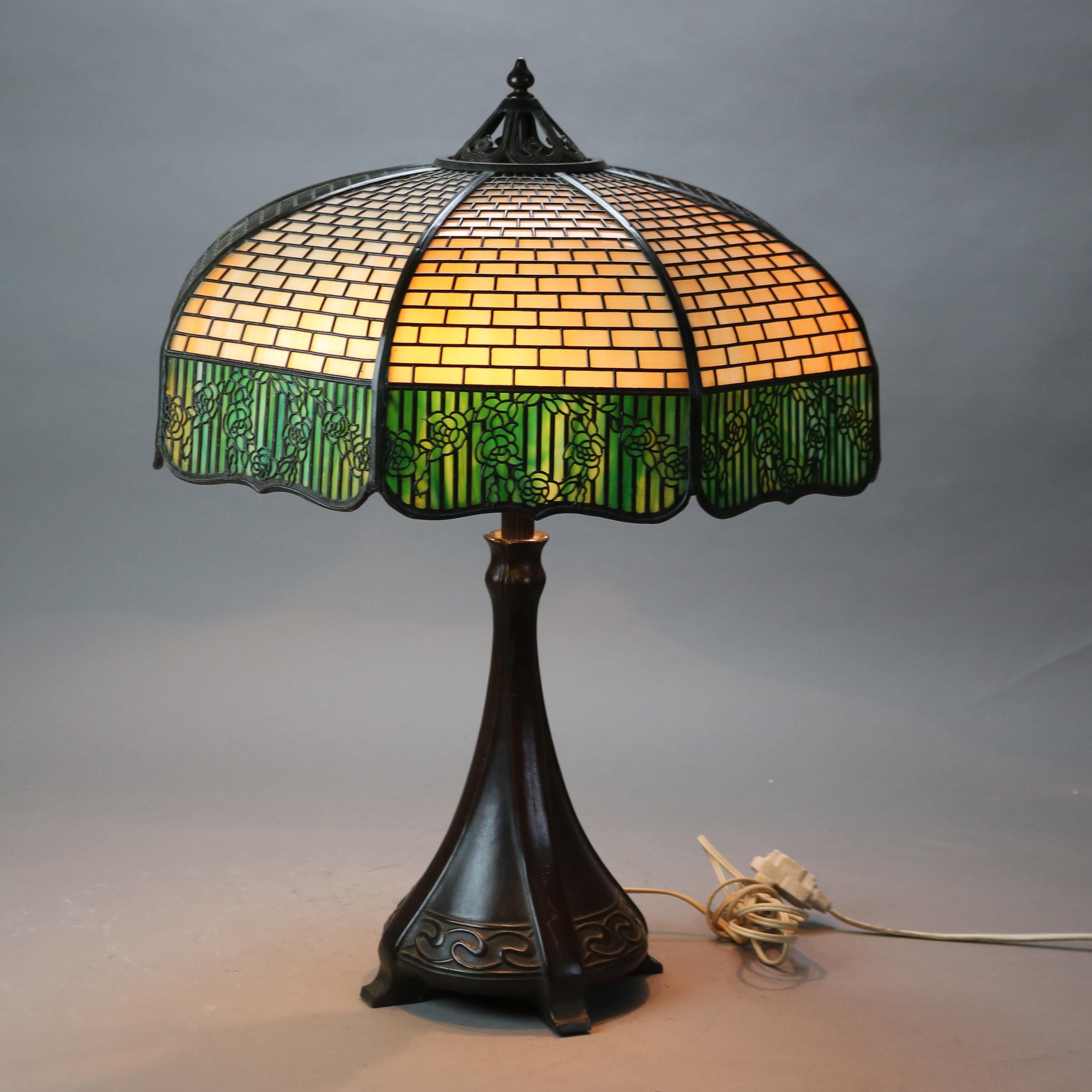 Antique Handel Arts & Crafts Bronze Overlay Two-Tone Floral Lamp C1920 3