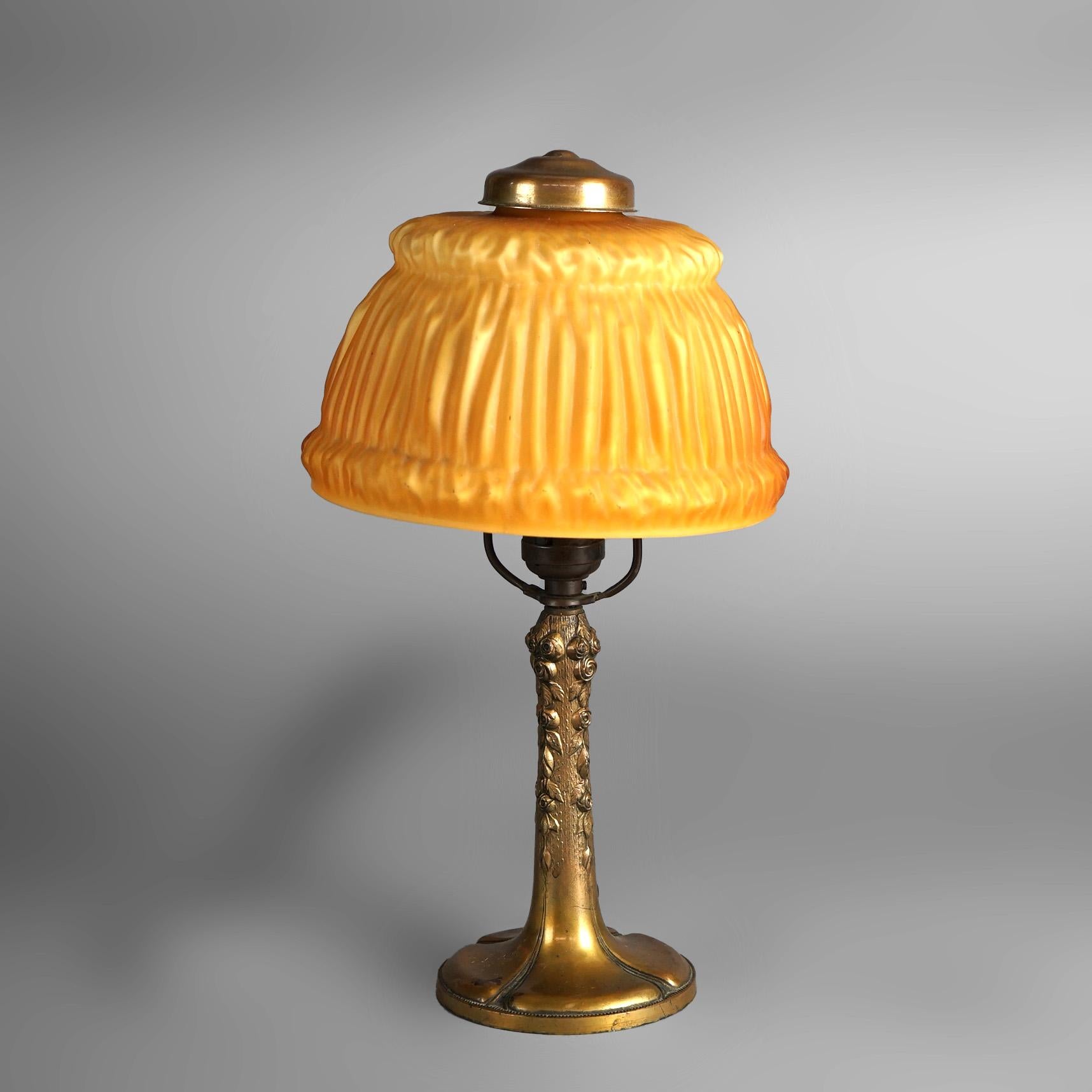 Antique Handel Bronze Boudoir Table Lamp & Amber Pleated Cased Glass Shade C1920

Measures- 14.25''H x 7''W x 7''D
