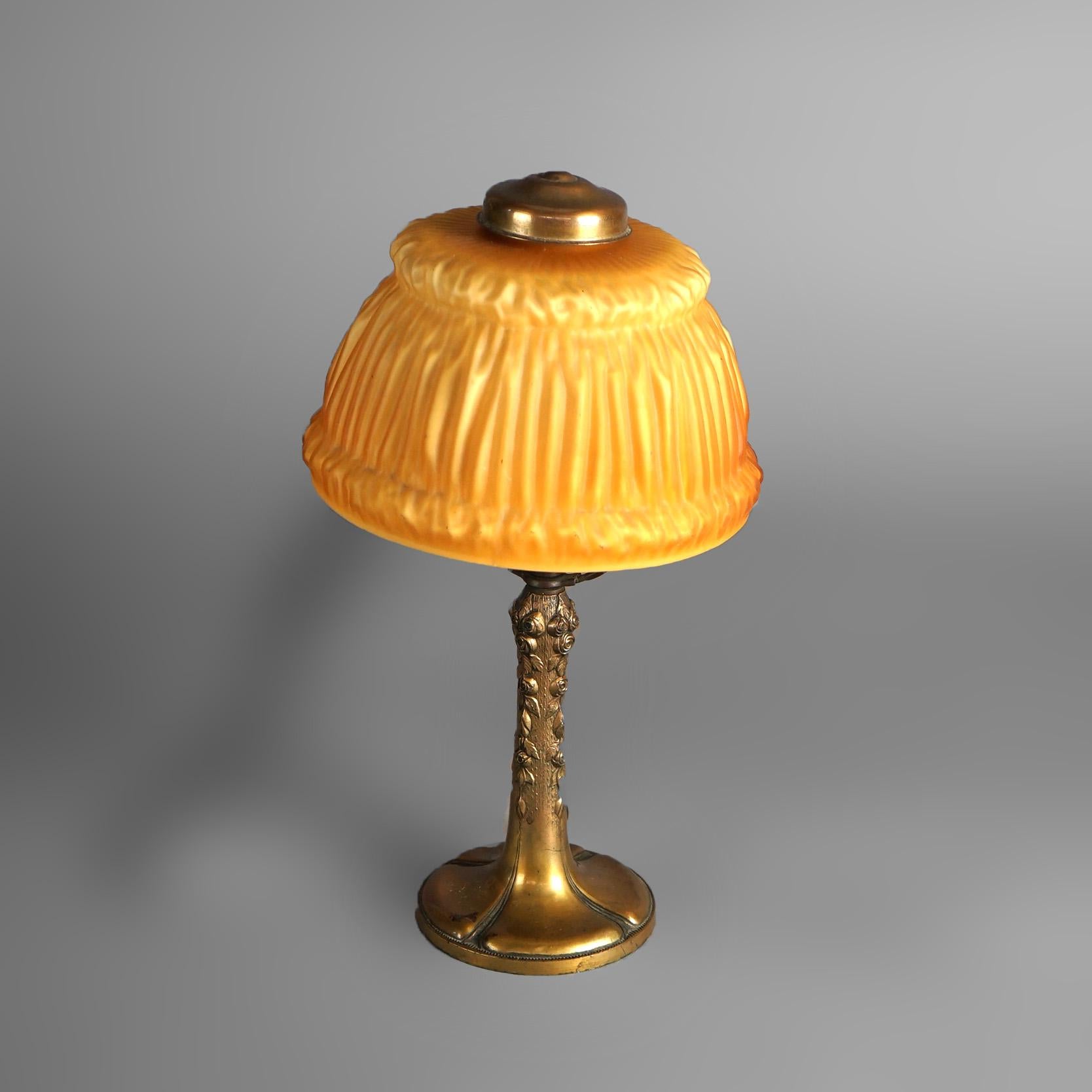 Arts and Crafts Antique Handel Bronze Boudoir Table Lamp & Amber Pleated Cased Glass Shade C1920
