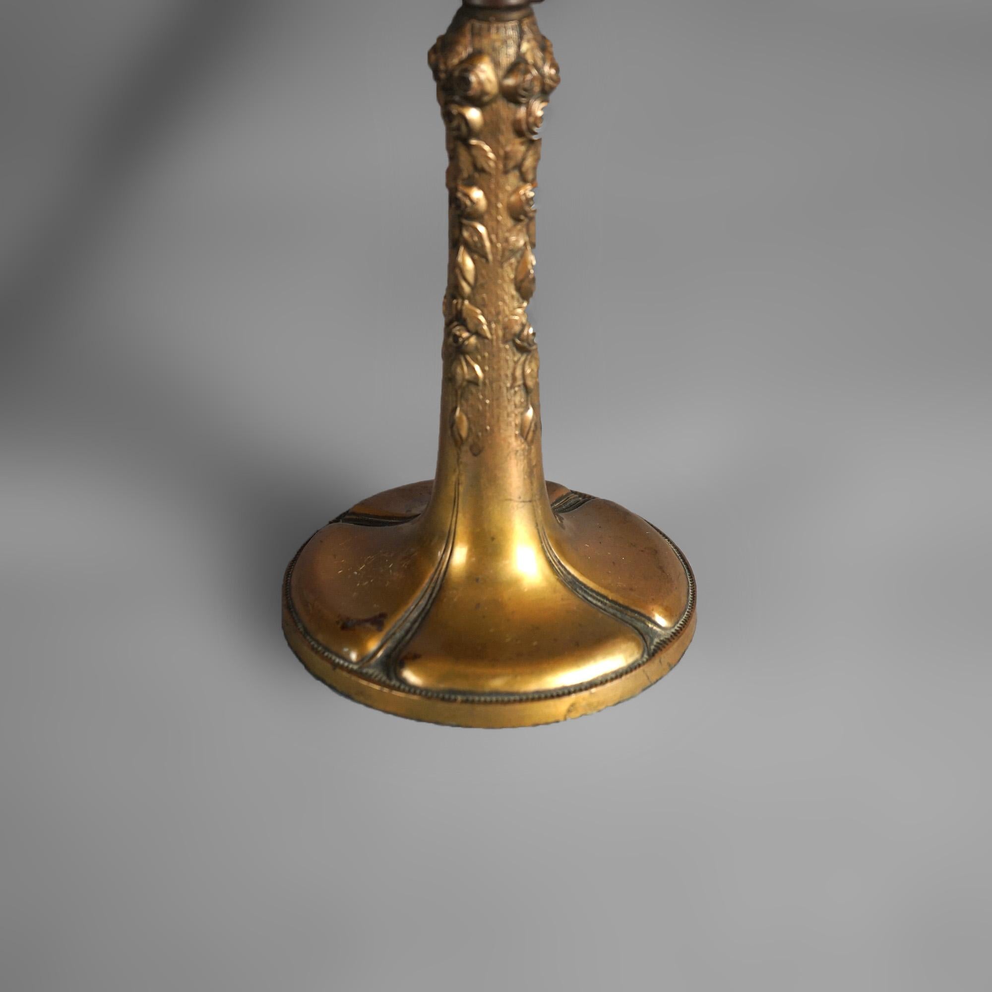 American Antique Handel Bronze Boudoir Table Lamp & Amber Pleated Cased Glass Shade C1920