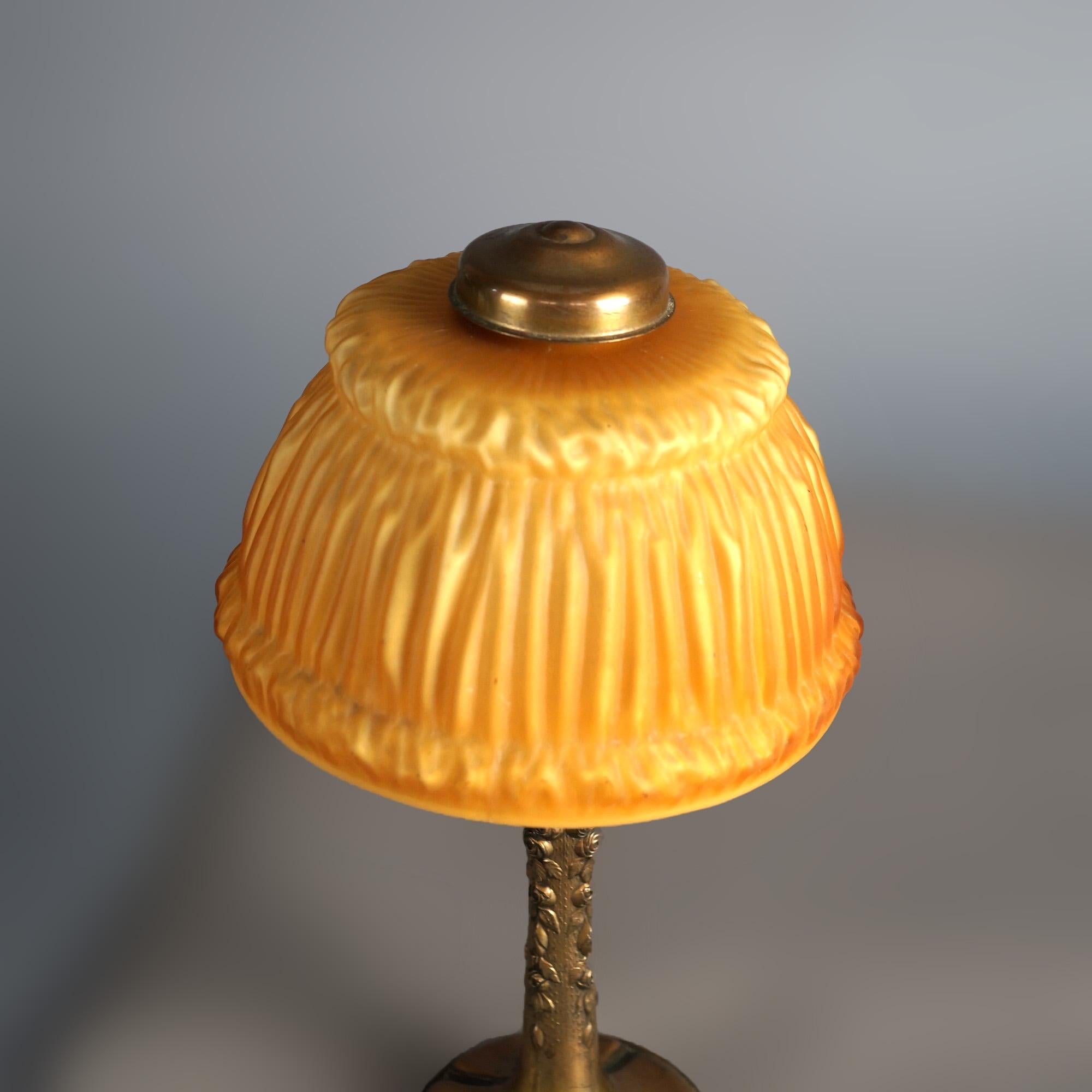 Antique Handel Bronze Boudoir Table Lamp & Amber Pleated Cased Glass Shade C1920 In Good Condition In Big Flats, NY