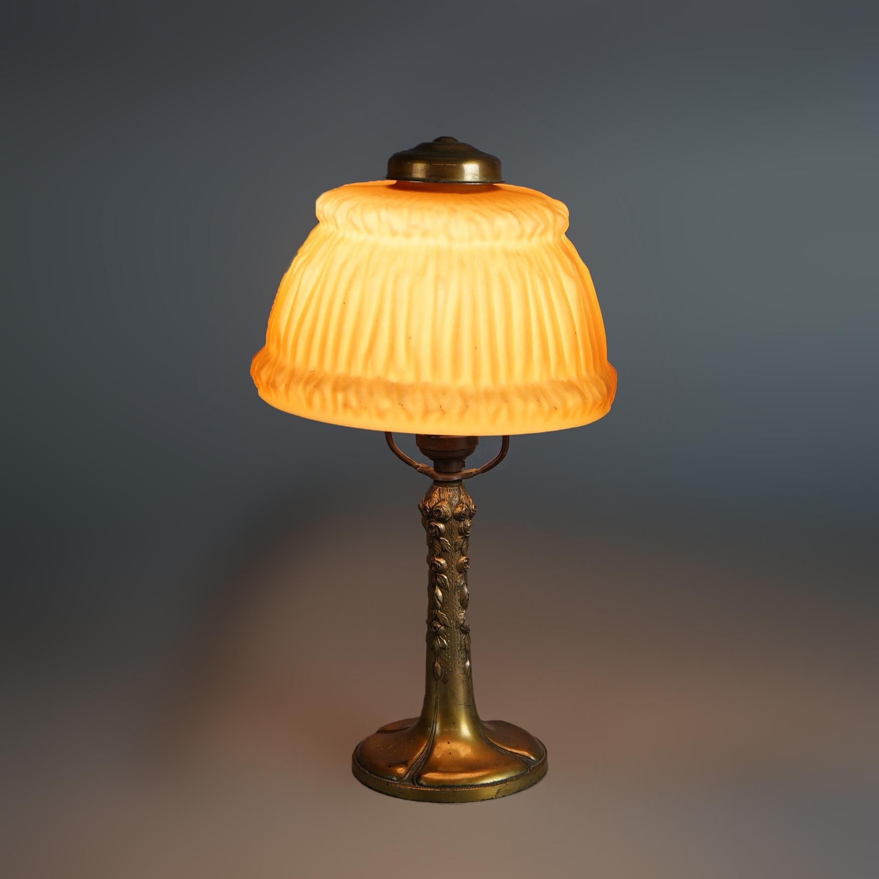 20th Century Antique Handel Bronze Boudoir Table Lamp & Amber Pleated Cased Glass Shade C1920 For Sale