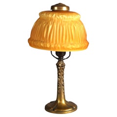 Antique Handel Bronze Boudoir Table Lamp & Amber Pleated Cased Glass Shade C1920