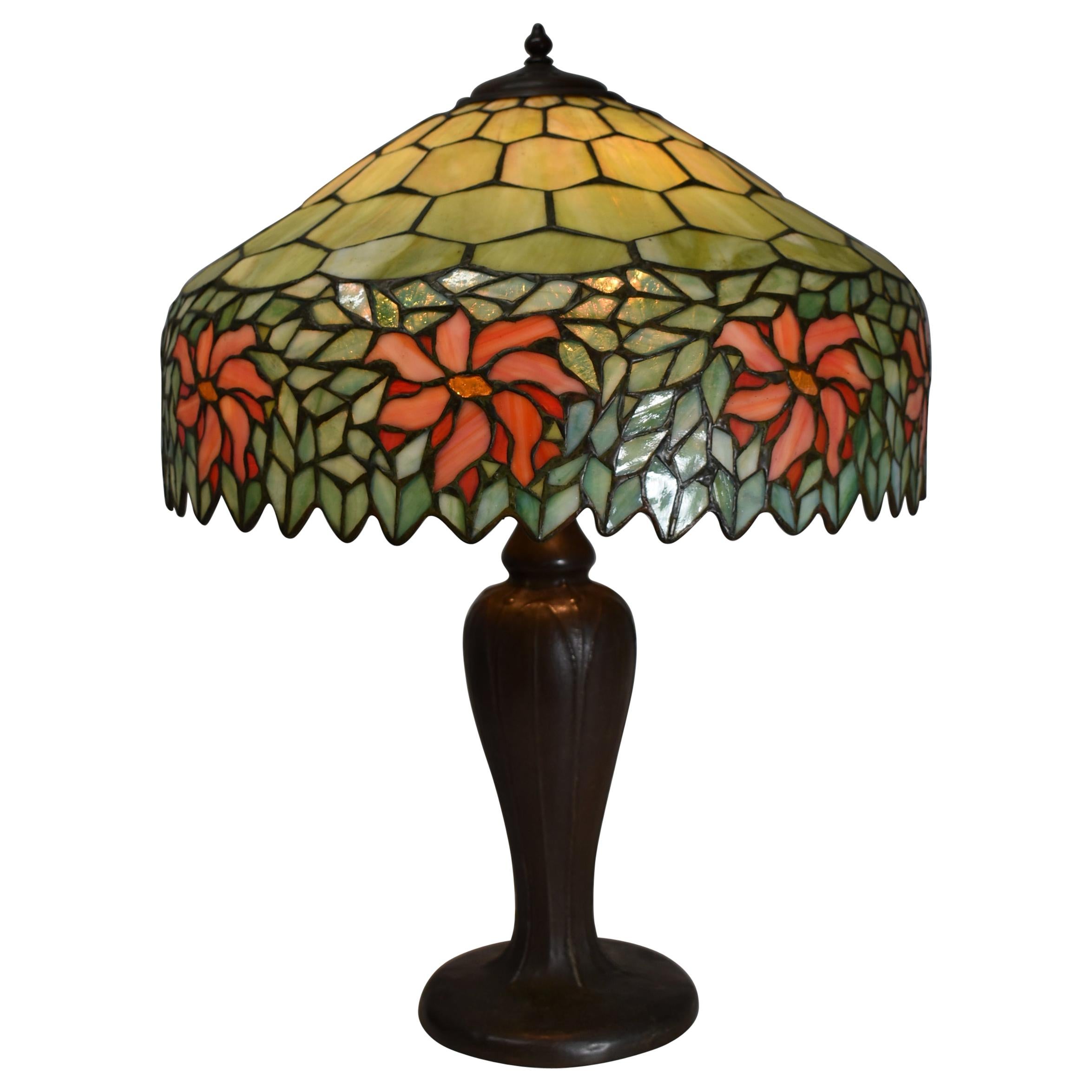 Antique Handel Leaded Stained Glass Table Lamp Poinsettia Designs