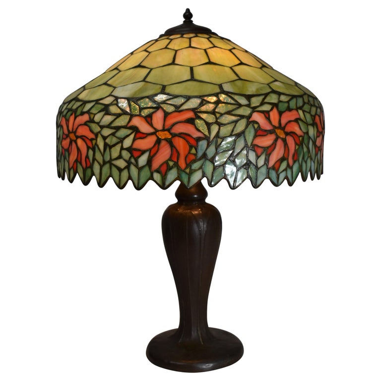 Antique Handel Leaded Stained Glass Table Lamp Poinsettia Designs For Sale