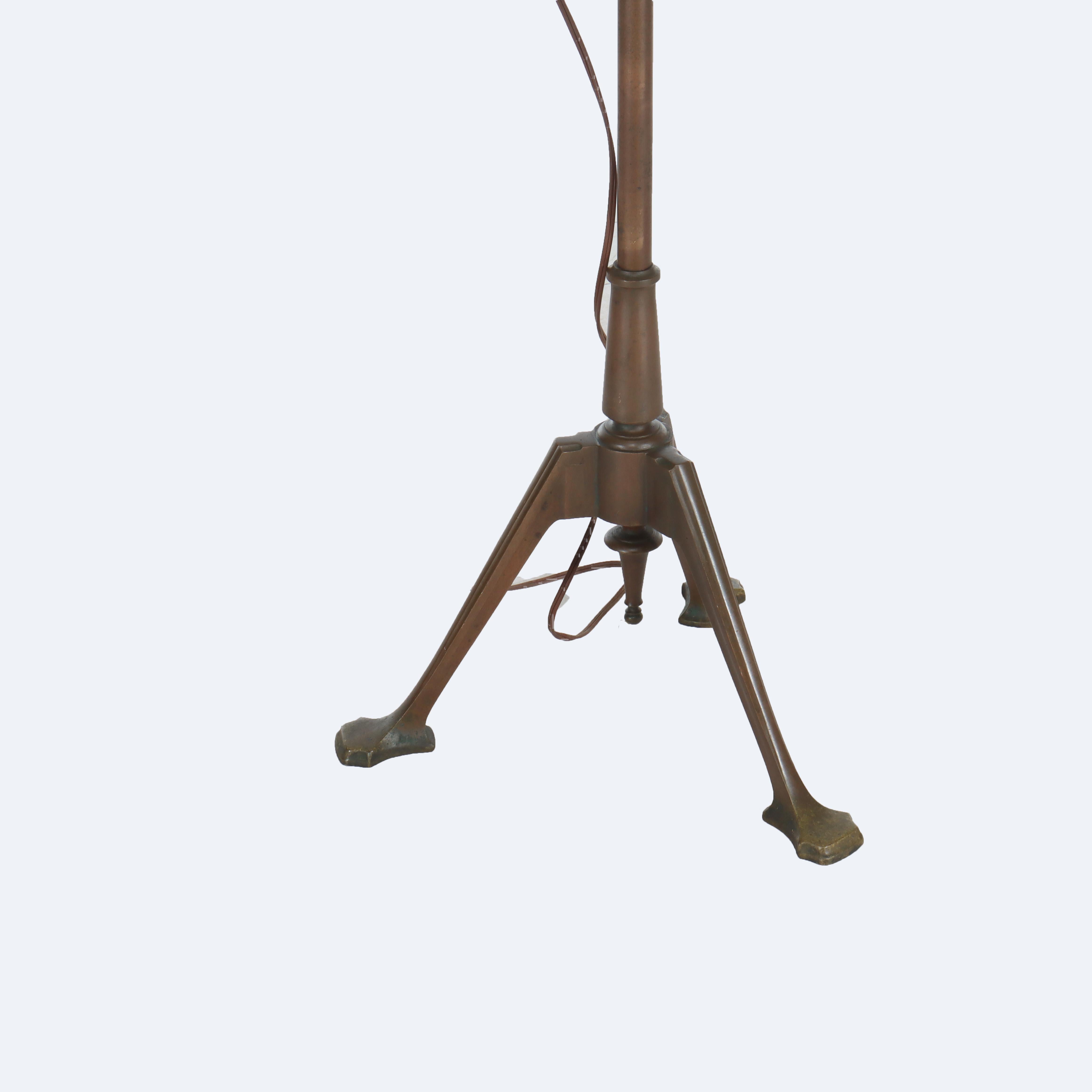 Lampada da terra a collo d'oca in bronzo della Scuola di Handel con paralume in vetro piumato Steuben Glass non firmata C1920

Misure - 60 1/4