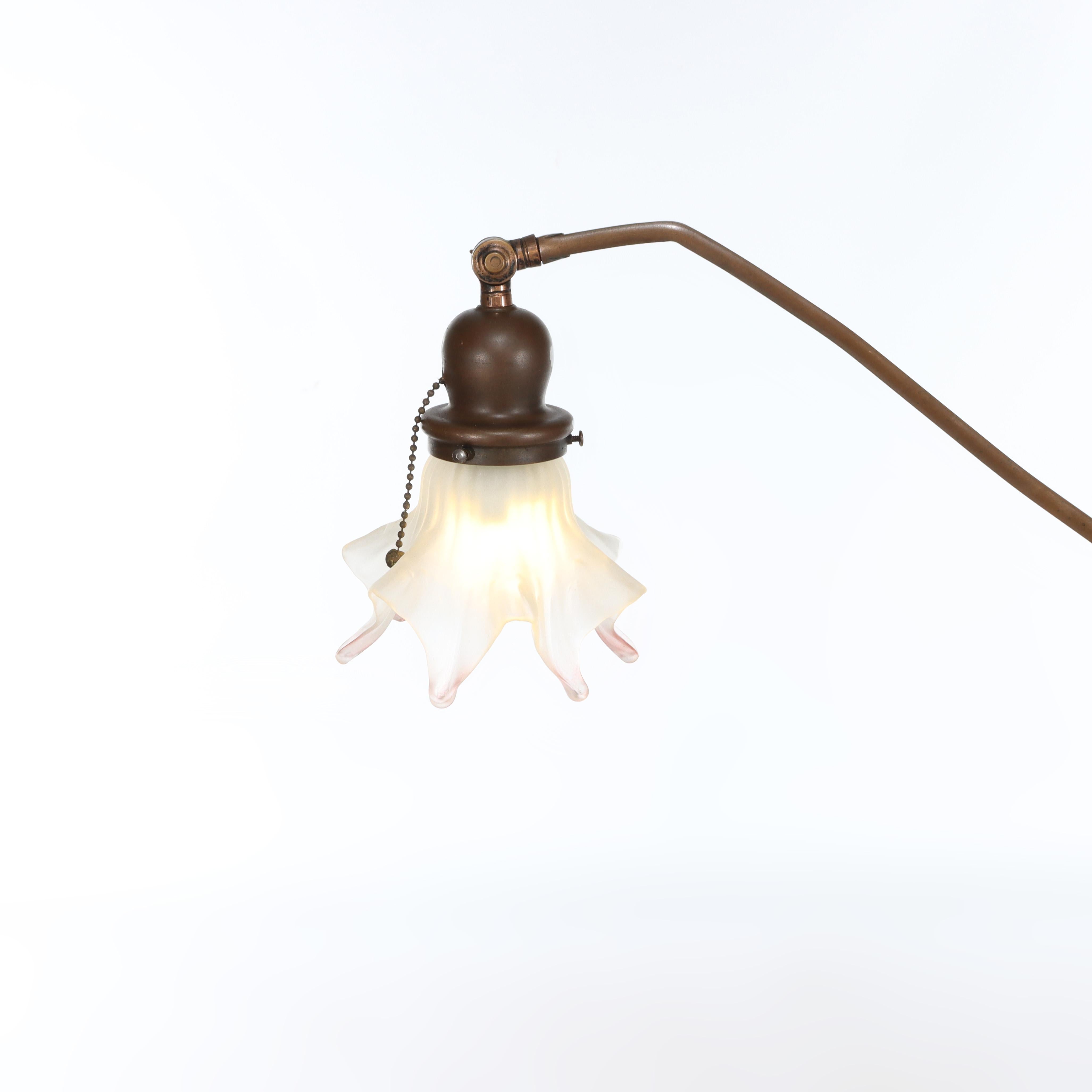 Antique Handel School Arts & Crafts Bronze Gooseneck Floor Lamp & Steuben Shade In condizioni buone in vendita a Big Flats, NY