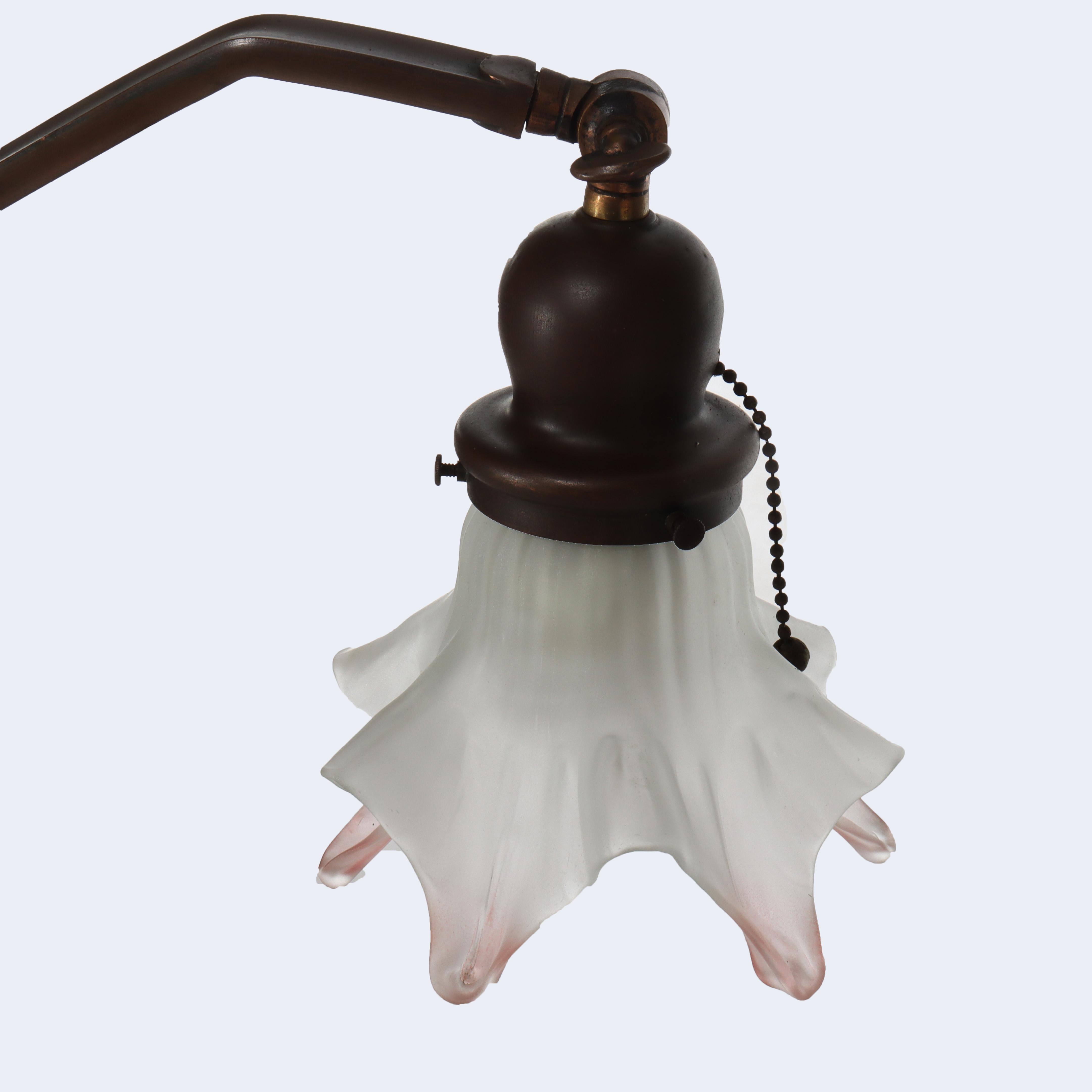 Antique Handel School Arts & Crafts Bronze Gooseneck Floor Lamp & Steuben Shade in vendita 2