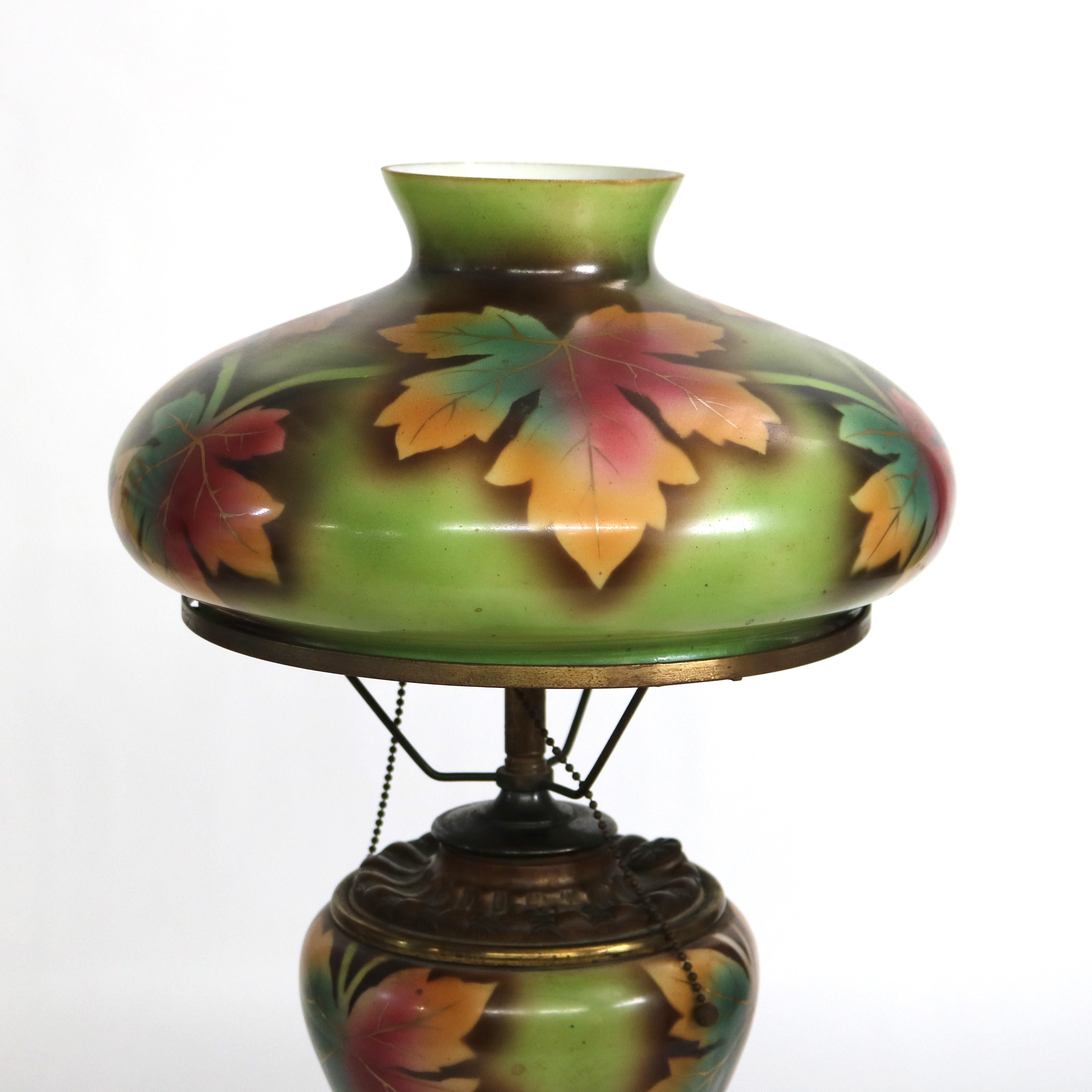 Antique Handel School Arts & Crafts Hand Painted Table Lamp with Tam-O-Shanter Shade & Maple Leaf Pattern, C1920.   

Measures - 23.25