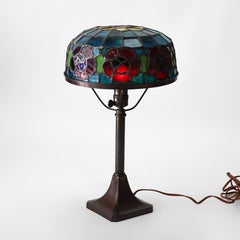 Antique Handel School Floral Leaded Stained Glass & Bronze Table Lamp c1920