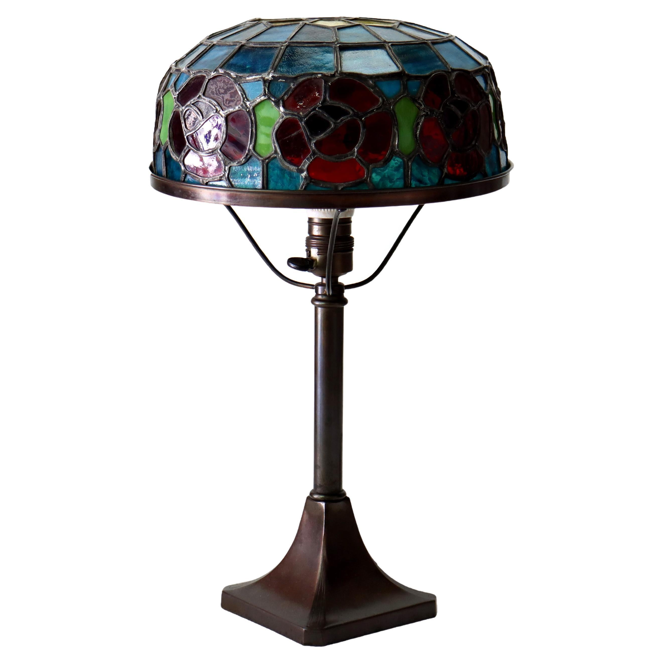 Antique Handel School Floral Leaded Stained Glass
Bronze Table Lamp c1920