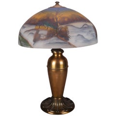 Antique Handel School Pittsburgh Style Reverse Painted Table Lamp, Winter
