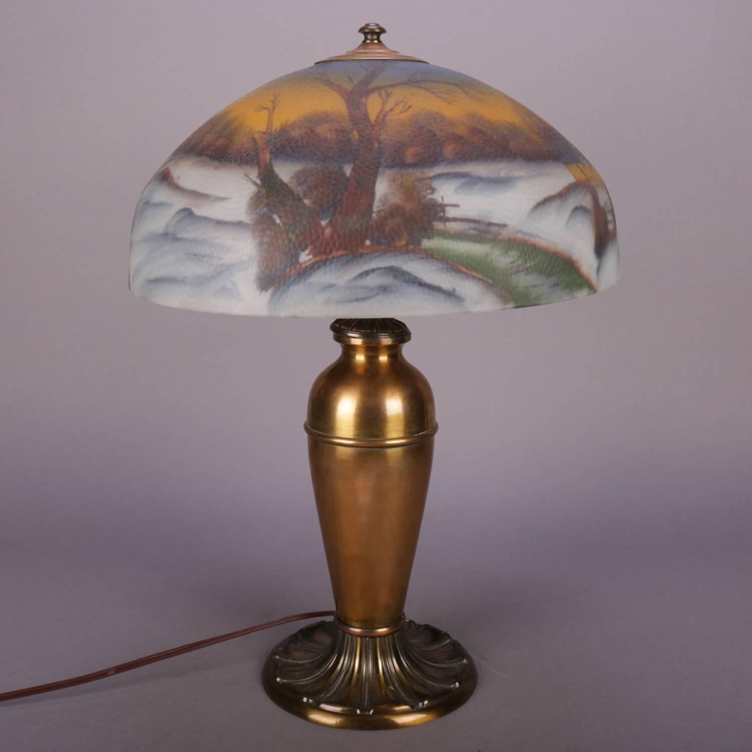 Brass Antique Handel School Pittsburgh Style Reverse Painted Table Lamp, Winter