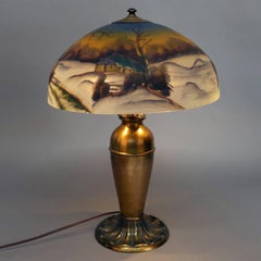 Antique Handel School Pittsburgh Style Reverse Painted Table Lamp, Winter