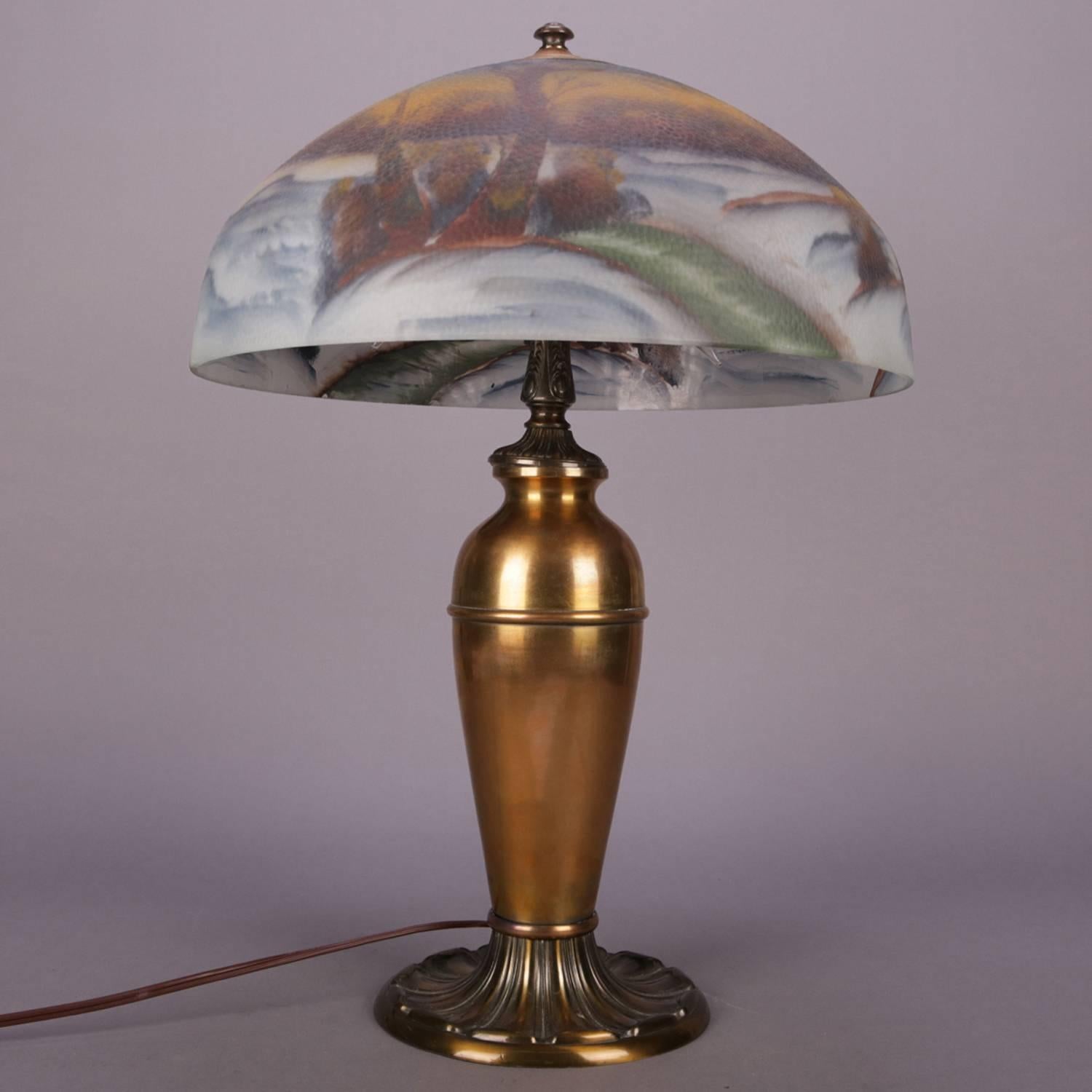 American Antique Handel School Pittsburgh Style Reverse Painted Table Lamp, Winter