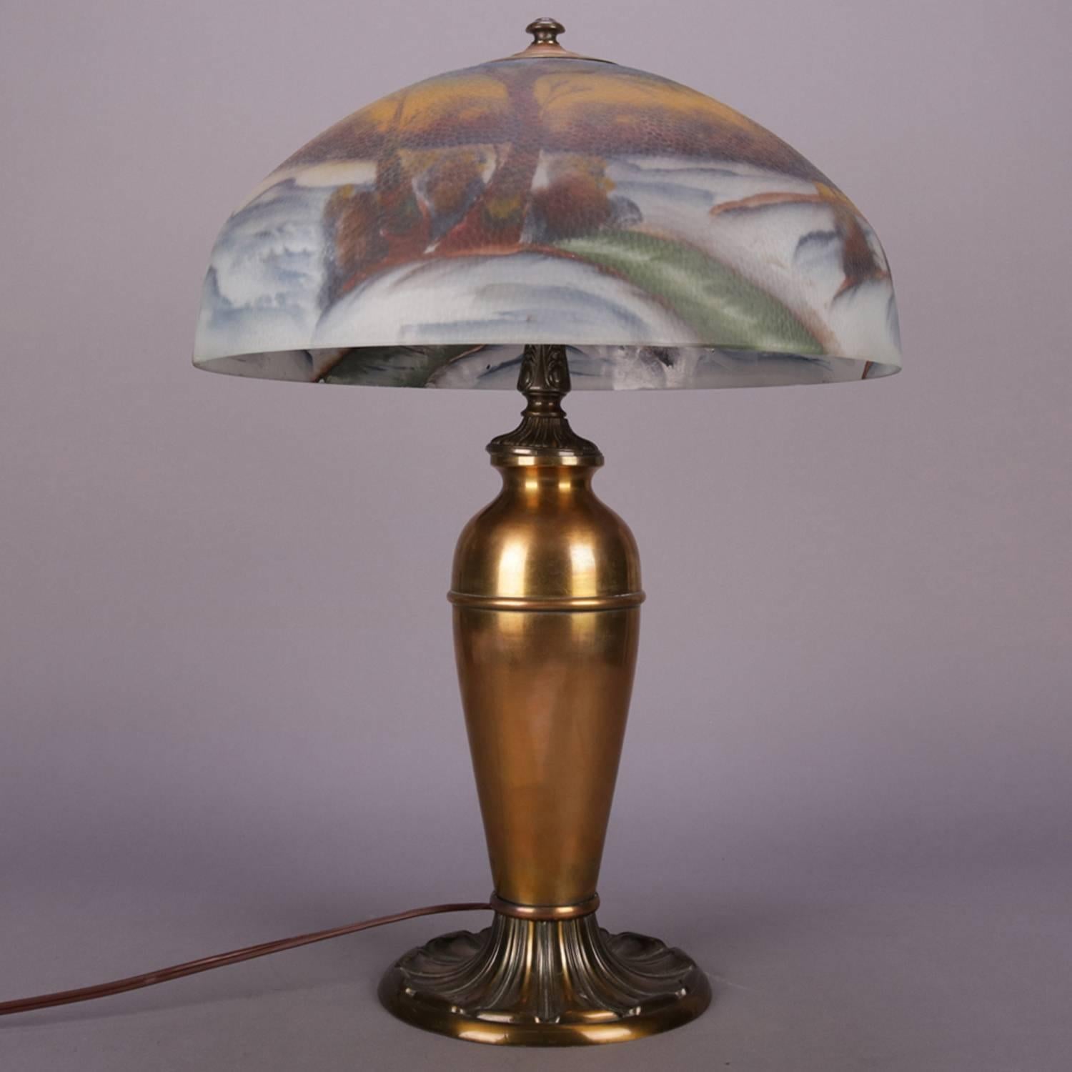 Hand-Painted Antique Handel School Pittsburgh Style Reverse Painted Table Lamp, Winter