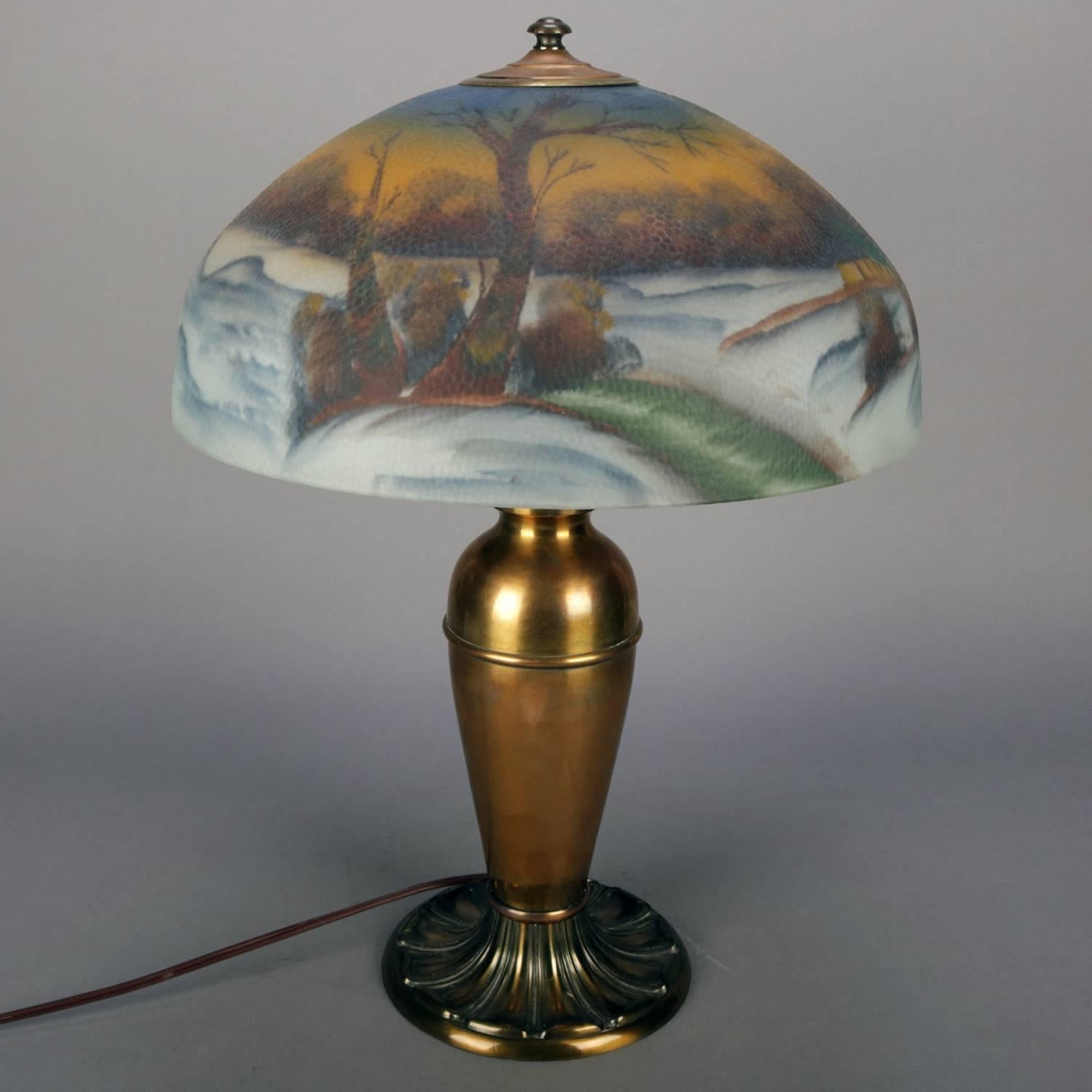 Antique Handel School Pittsburgh Style Reverse Painted Table Lamp, Winter In Good Condition In Big Flats, NY