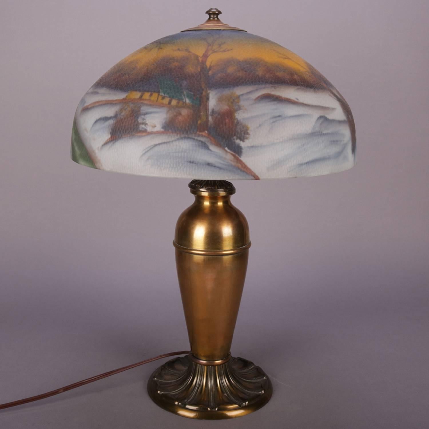 20th Century Antique Handel School Pittsburgh Style Reverse Painted Table Lamp, Winter
