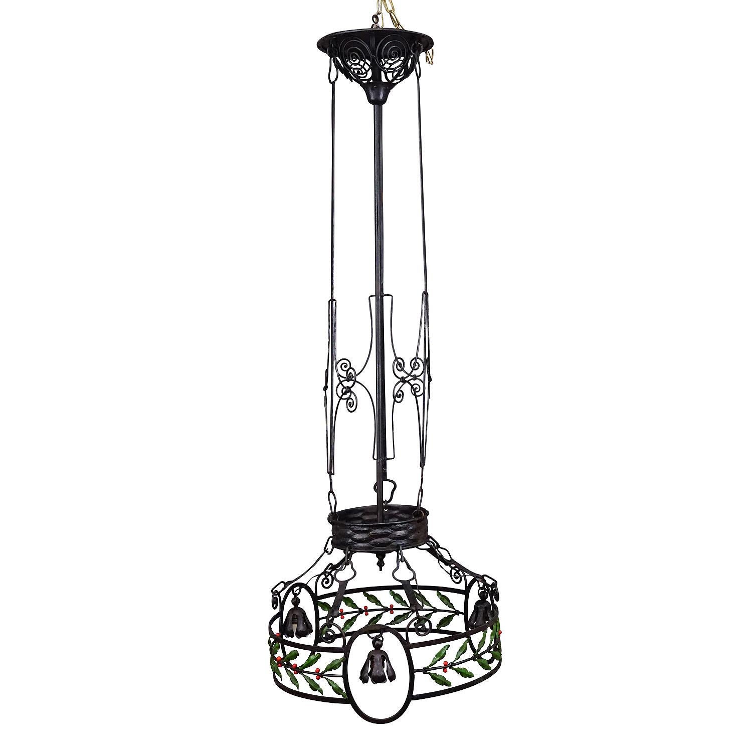 Antique Handforged Iron Chandelier, Germany ca. 1900
Item e7363
A very large Art Nouveau chandelier from a castle in southern Germany. Made from hand-forged iron around 1900, the rich decoration consists of ornaments, stylized leaves and fruits. The
