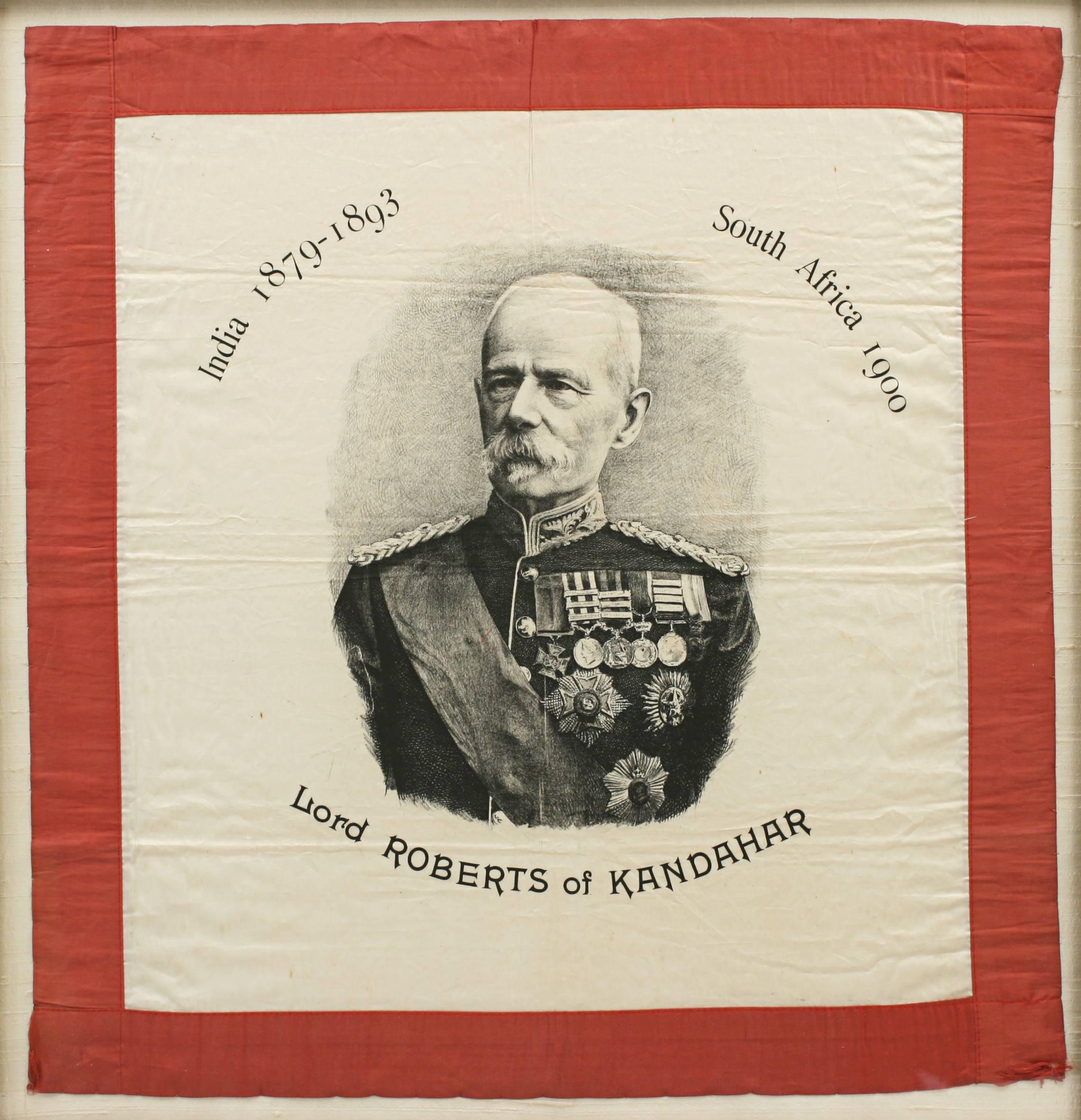 Lord Roberts of Kandahar silk handkerchief.
This wonderful souvenir handkerchief has been newly framed in a shadow box frame and is mounted onto a linen background. The handkerchief is printed with an image of Lord Roberts of Kandahar in his