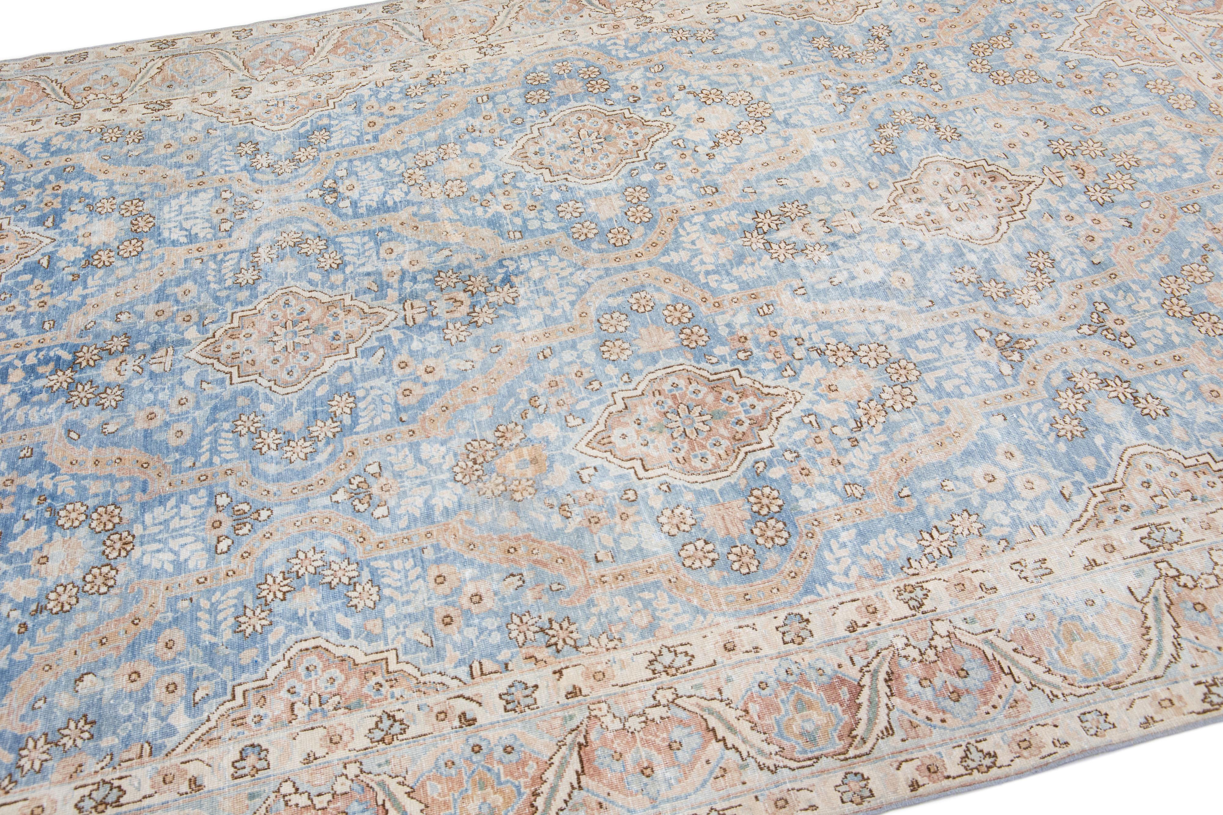 Antique Handmade Blue Persian Tabriz Wool Rug with Allover Motif In Good Condition For Sale In Norwalk, CT