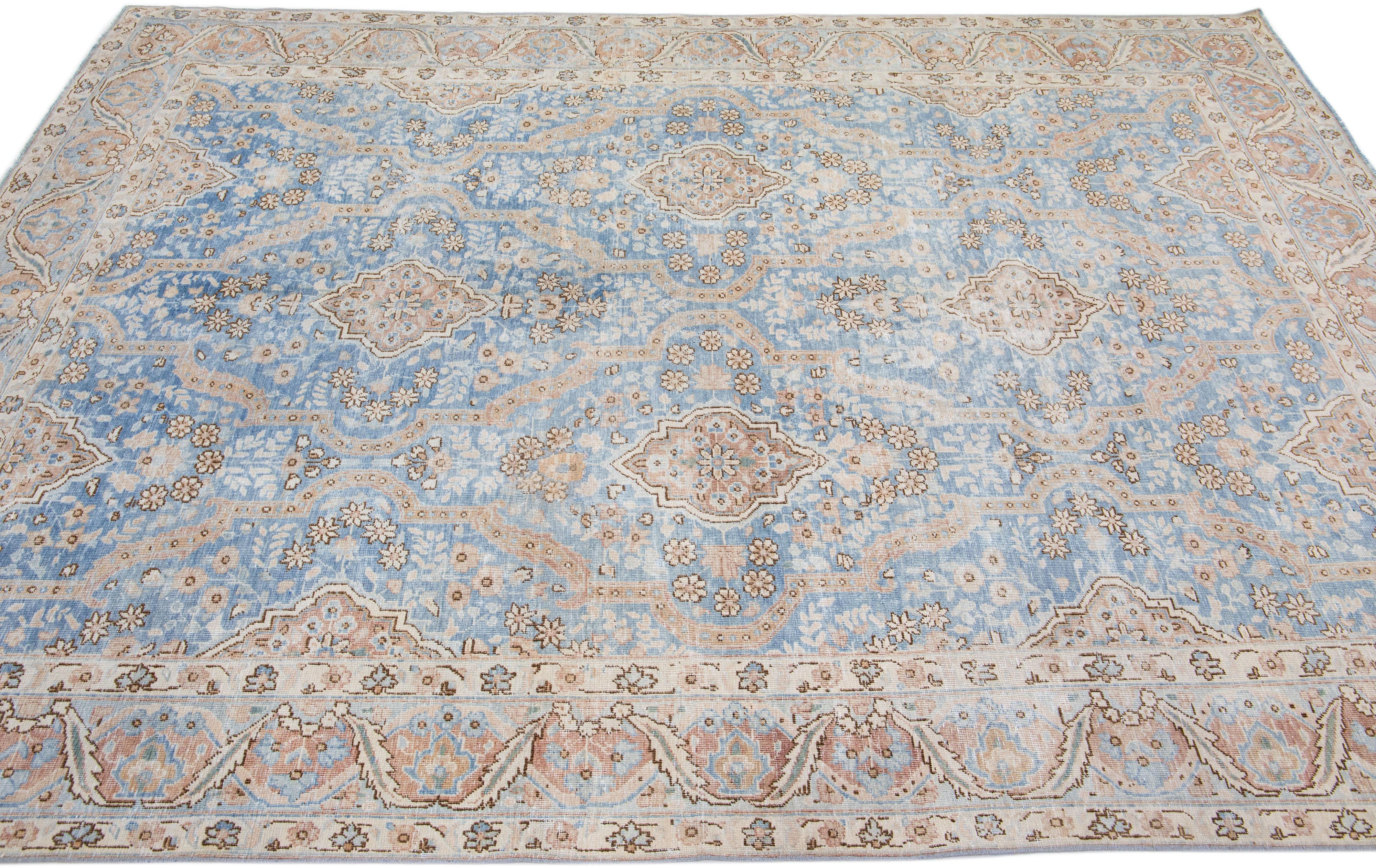 20th Century Antique Handmade Blue Persian Tabriz Wool Rug with Allover Motif For Sale