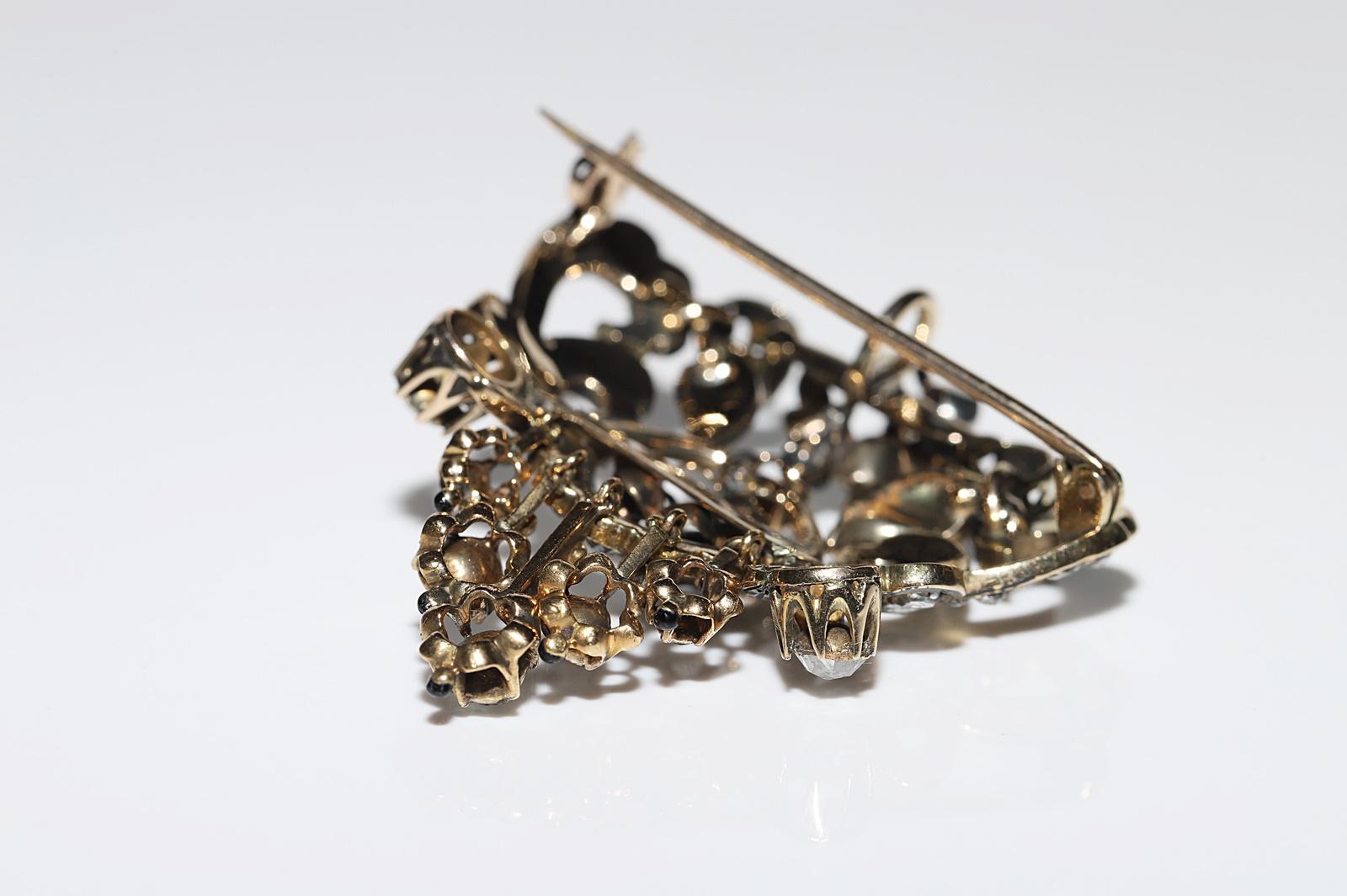 Antique Handmade Circa 1870s 14k Gold Natural Rose Cut Diamond Enamel Brooch For Sale 5