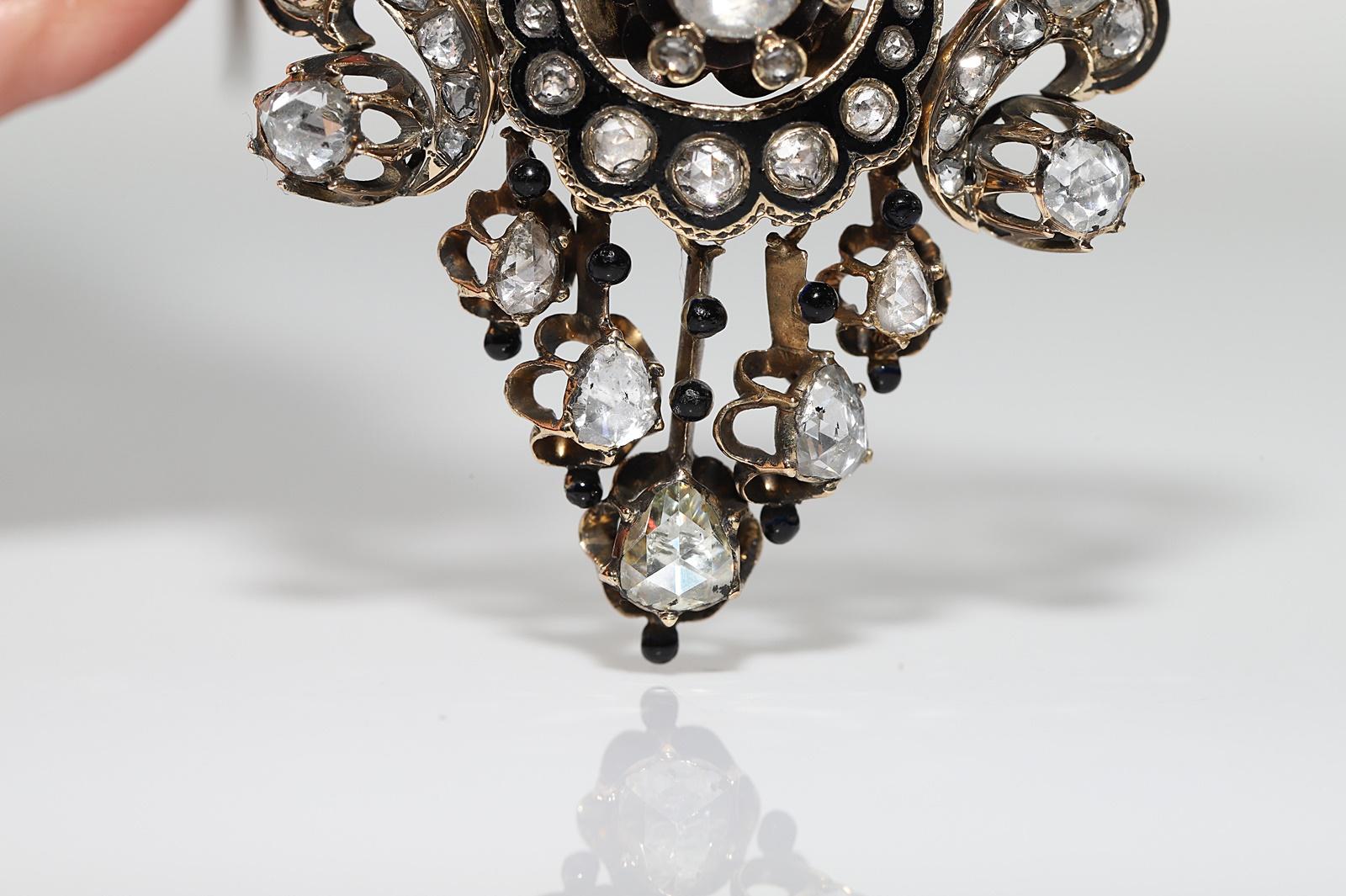 Antique Handmade Circa 1870s 14k Gold Natural Rose Cut Diamond Enamel Brooch For Sale 7