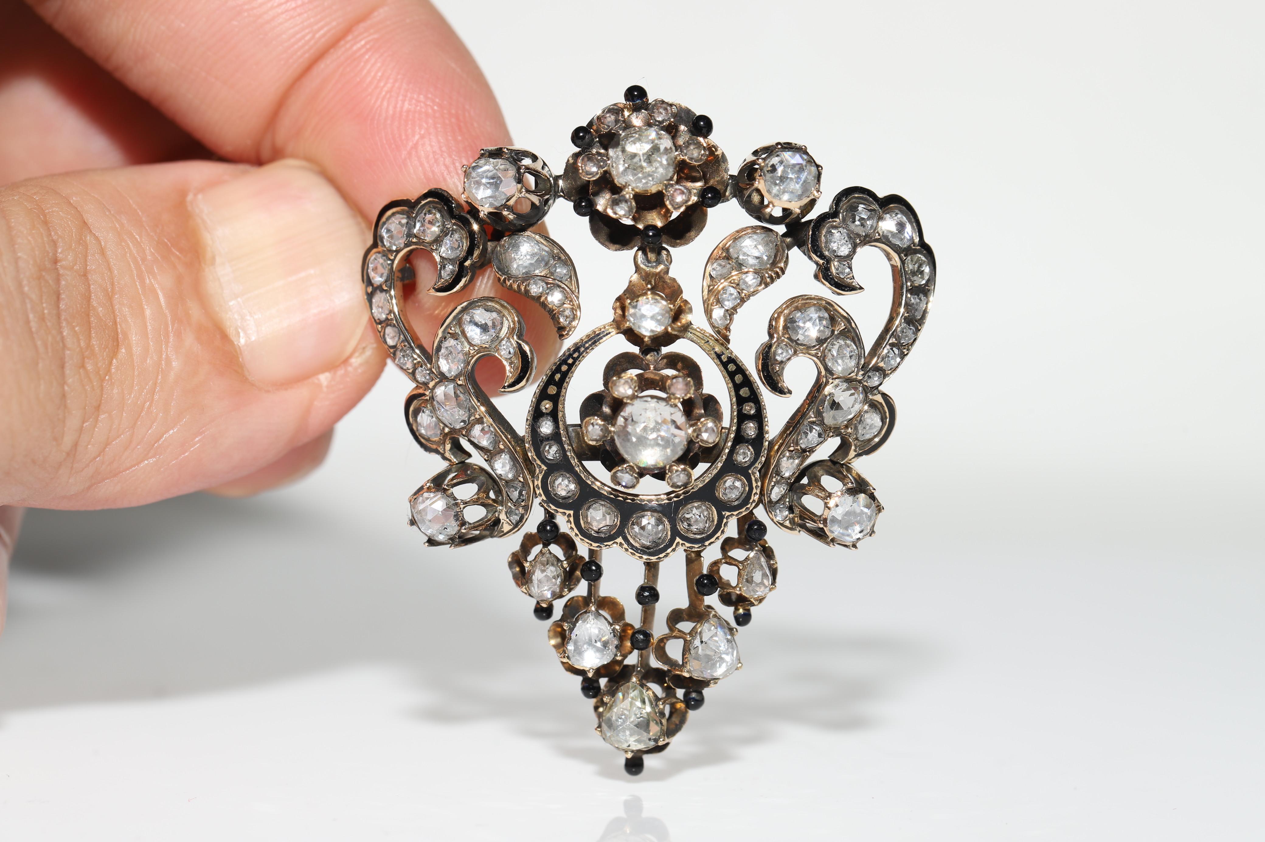 Antique Handmade Circa 1870s 14k Gold Natural Rose Cut Diamond Enamel Brooch  For Sale 9