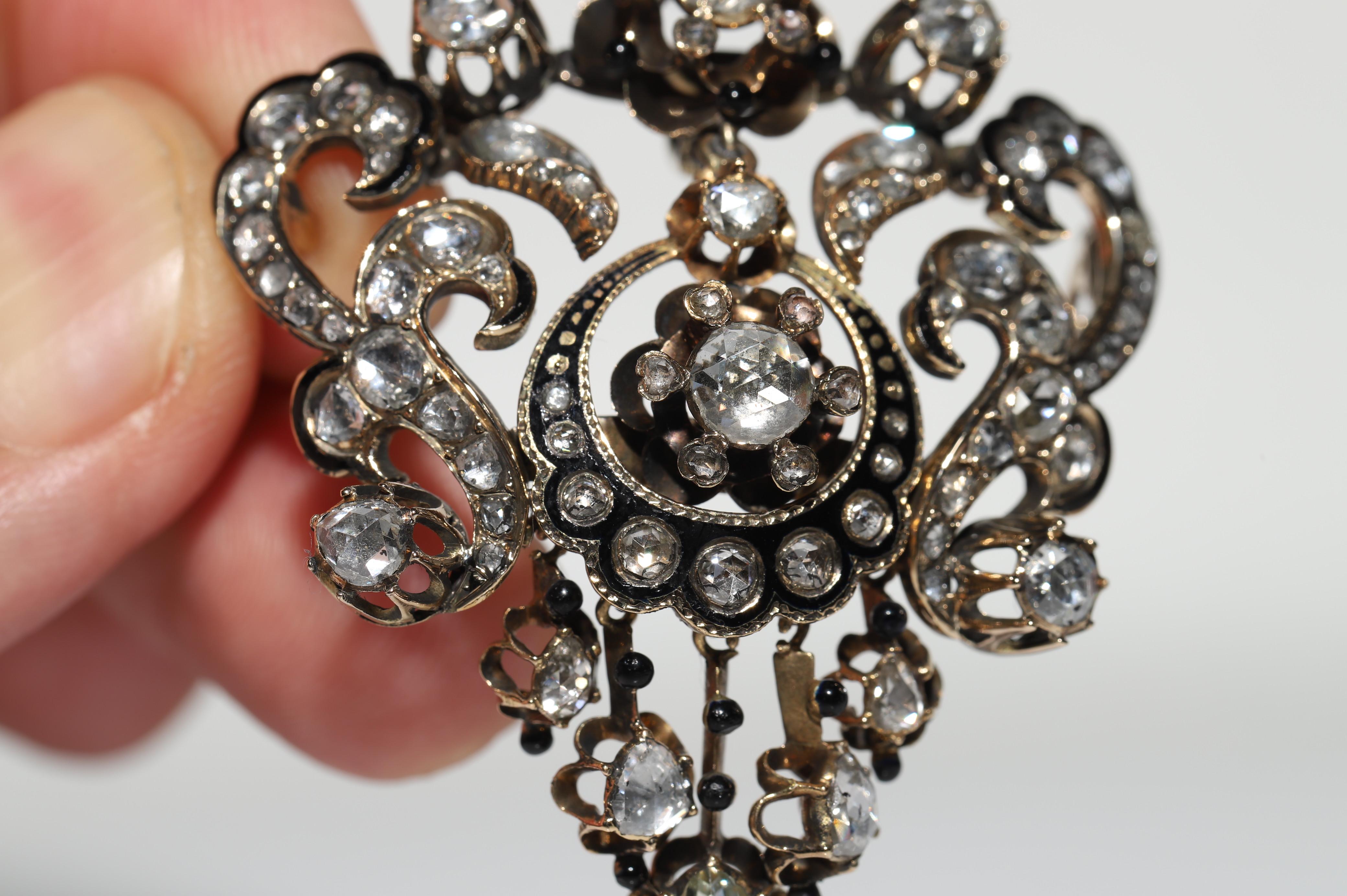 Antique Handmade Circa 1870s 14k Gold Natural Rose Cut Diamond Enamel Brooch For Sale 11